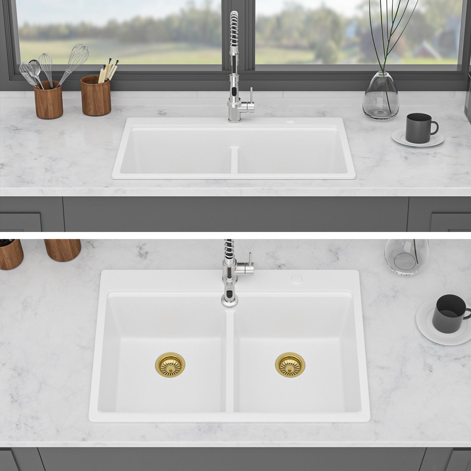 Quartz Kitchen Sink, Granite Composite Double Bowl, Undermount Workstation