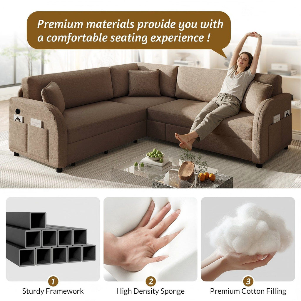 L-Shaped Couch With Pull-Out Bed, Oversize Convertible Sleeper Sofa With Side Pocket & USB Port