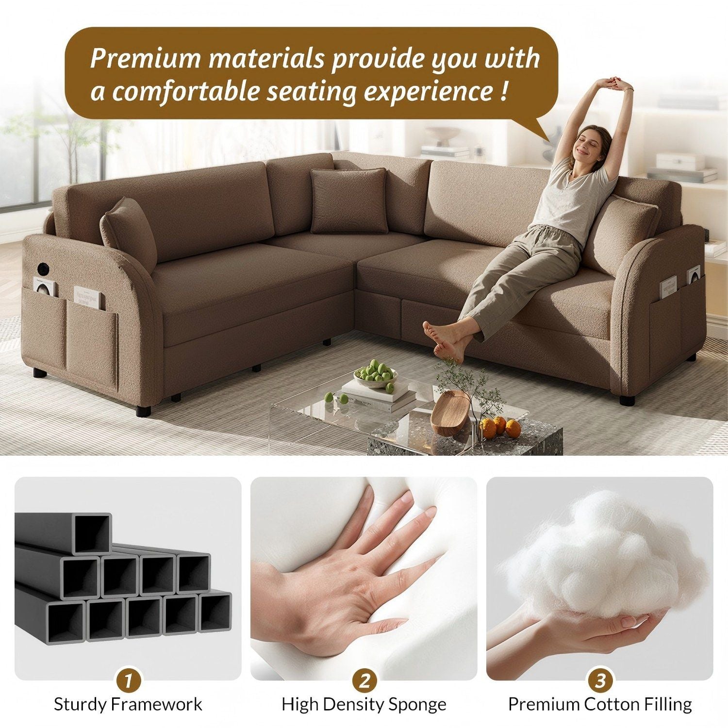 L-Shaped Couch With Pull-Out Bed, Oversize Convertible Sleeper Sofa With Side Pocket & USB Port
