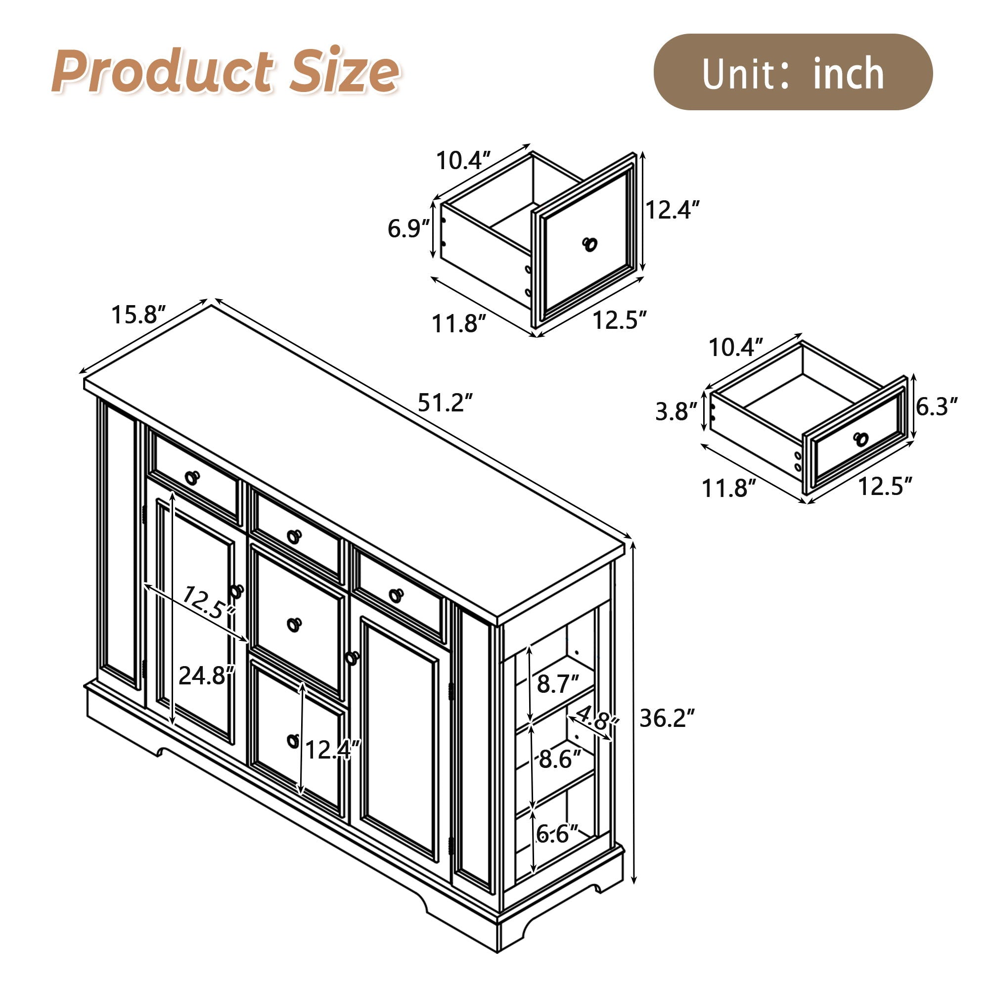 Sideboard Buffet Cabinet With 5 Drawers, 2 Cabinets, Adjustable Shelves