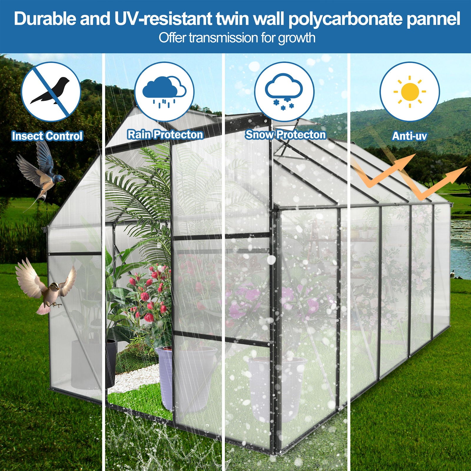 Polycarbonate house Raised Base And Anchor Aluminum Heavy Duty Walk-In houses For Outdoor Backyard In All Season