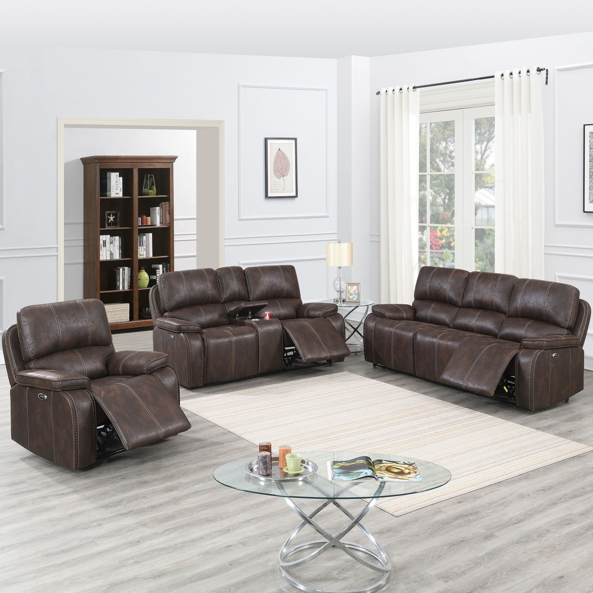 Power Reclining Loveseat With USB Port Leather Upholstered, Built In Cup Holder - Chocolate
