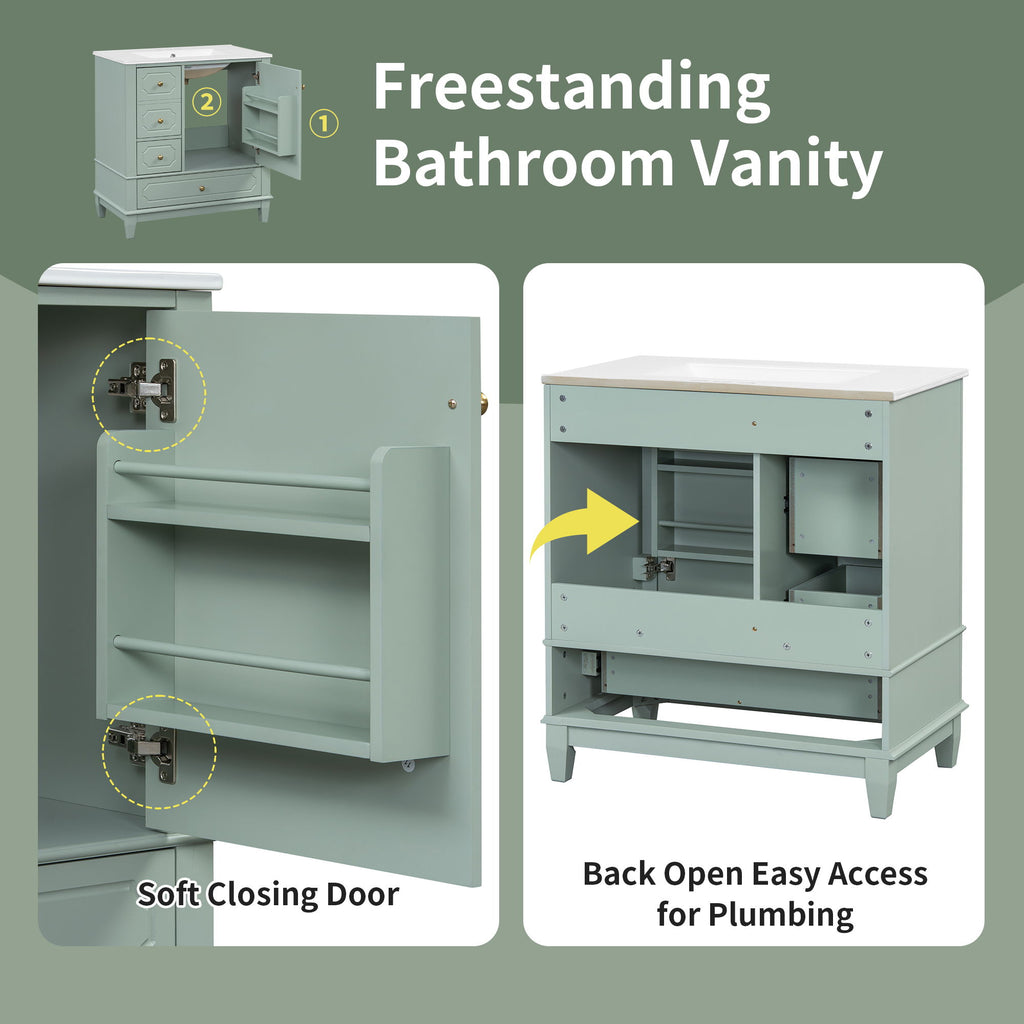 Bathroom Vanity With Sink, Freestanding Vanity Cabinet With Ceramic Basin, Soft Close Door, 3 Drawers