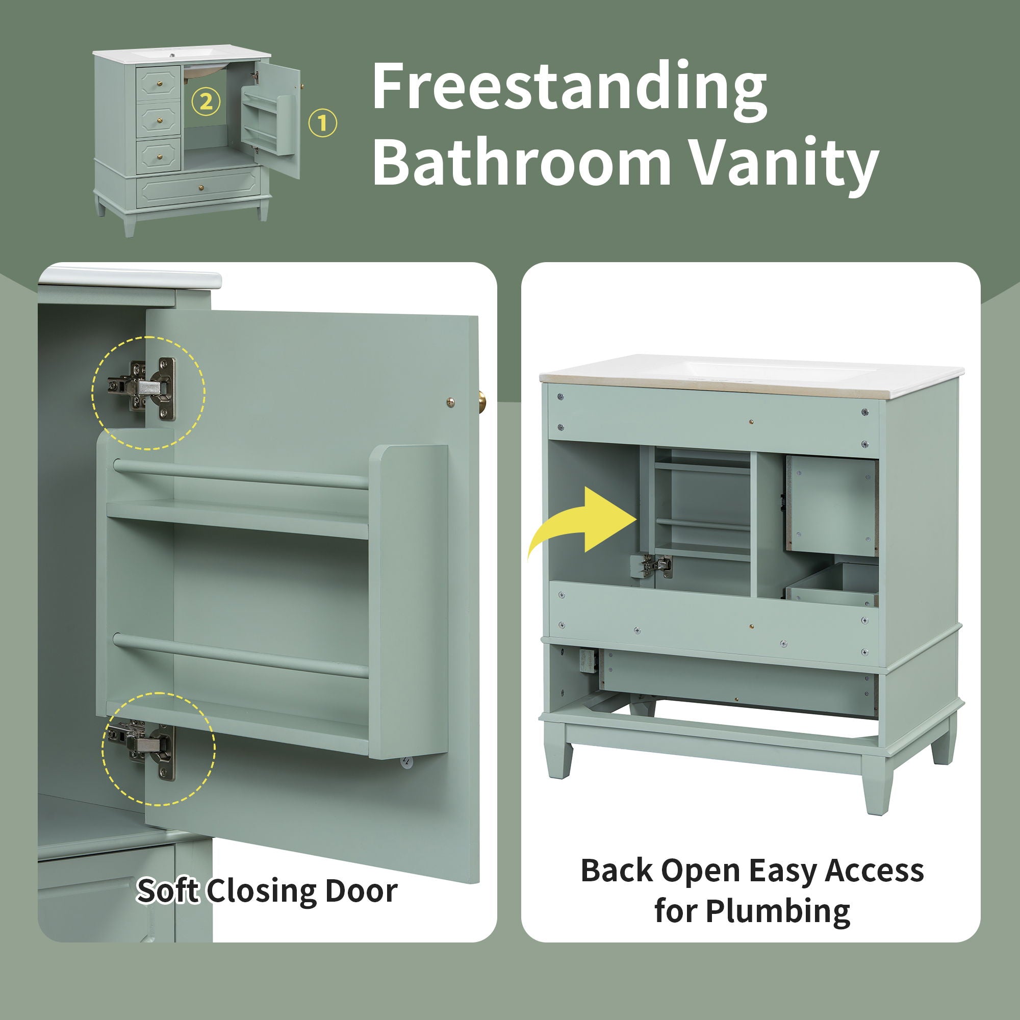 Bathroom Vanity With Sink, Freestanding Vanity Cabinet With Ceramic Basin, Soft Close Door, 3 Drawers
