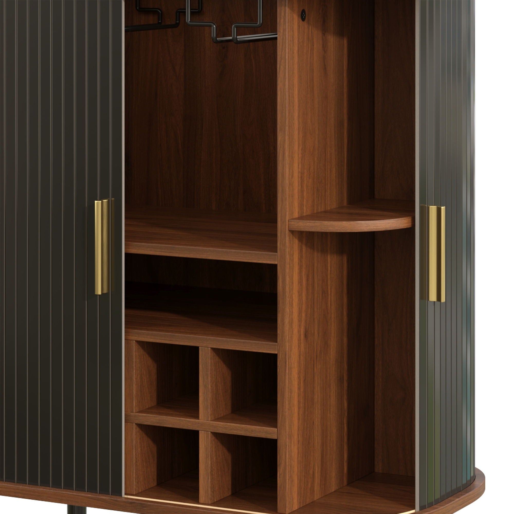 Fluted Wine Bar Cabinet With 8 Grid Wine Rack, 5 Level Adjustable Shelves, 2 Glass Holders