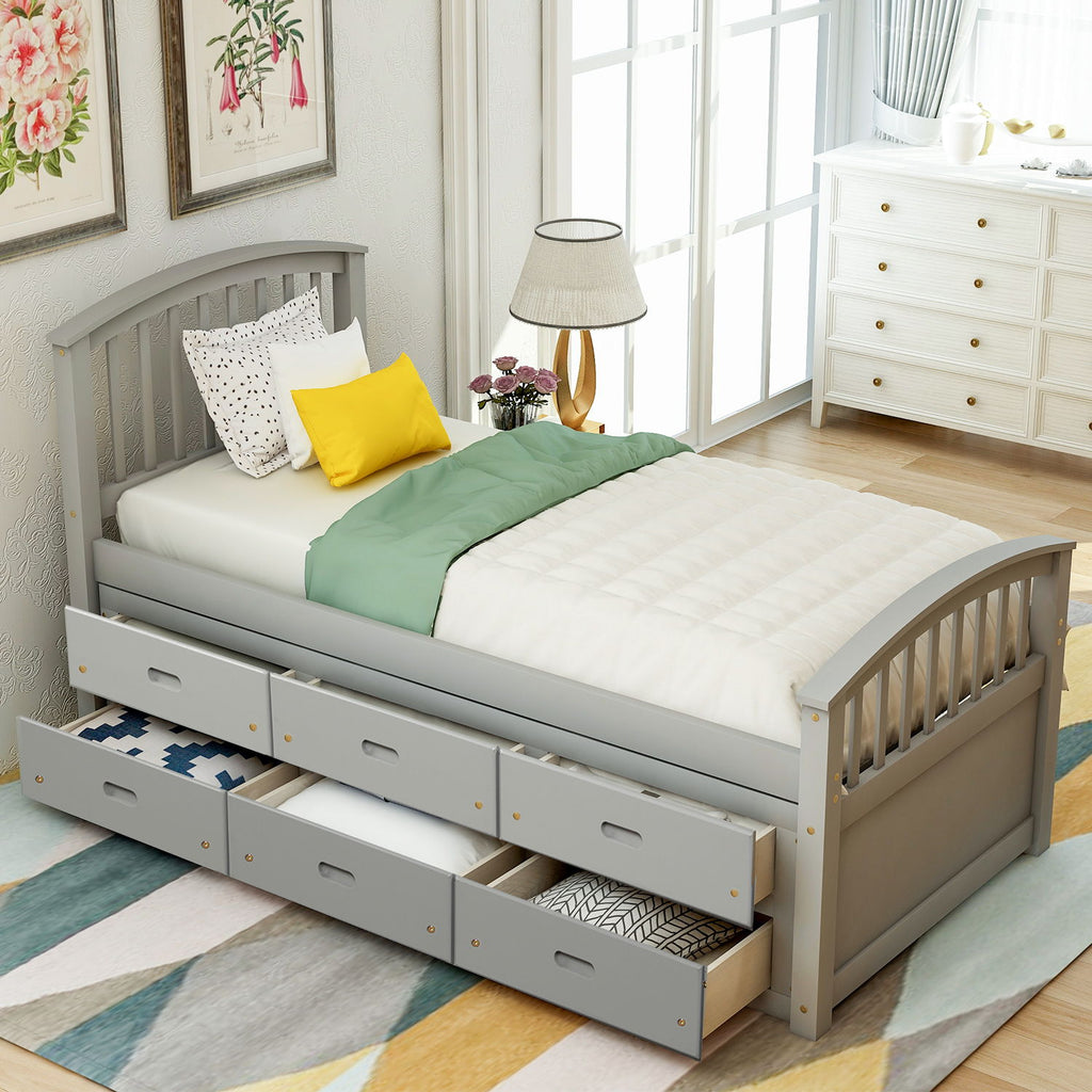 Twin Size Platform Storage Bed Solid Wood Bed With 6 Drawers - Gray