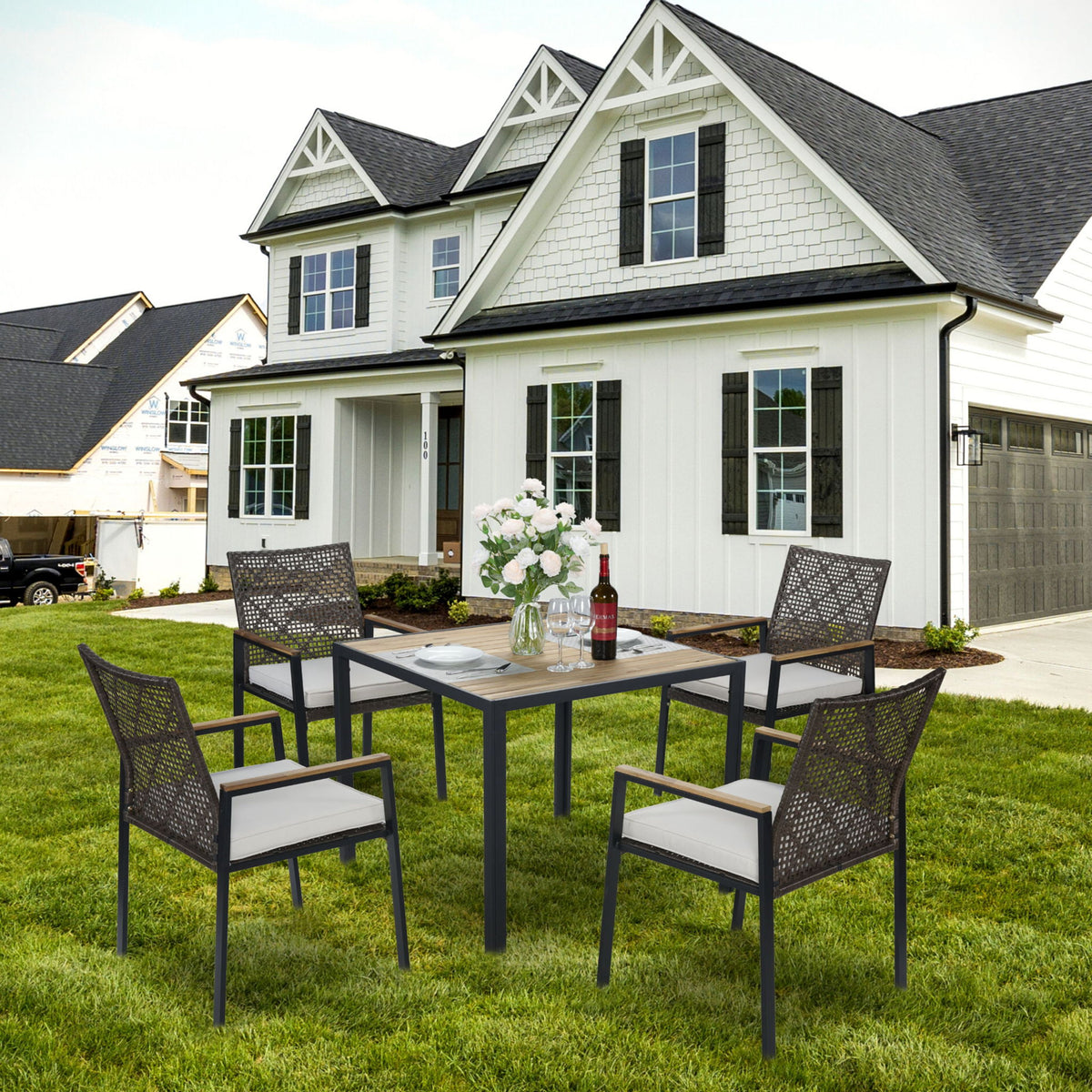 5 Piece Patio Dining Table Set, Acacia Wood Table Top With Umbrella Hole
