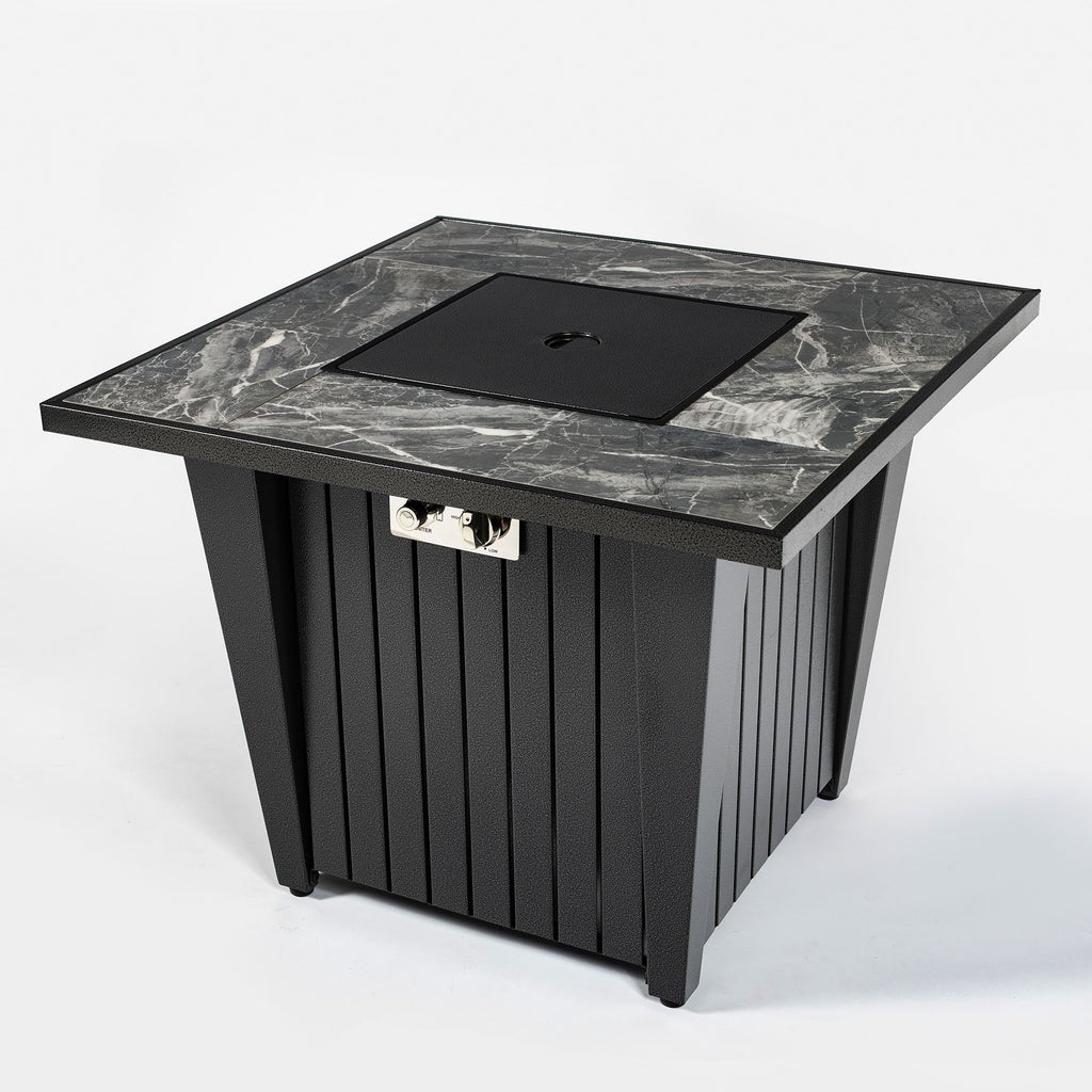 Morden Steel Fire Pit Table With Marble Tile Tabletop, Glass Wind Guard And Lid