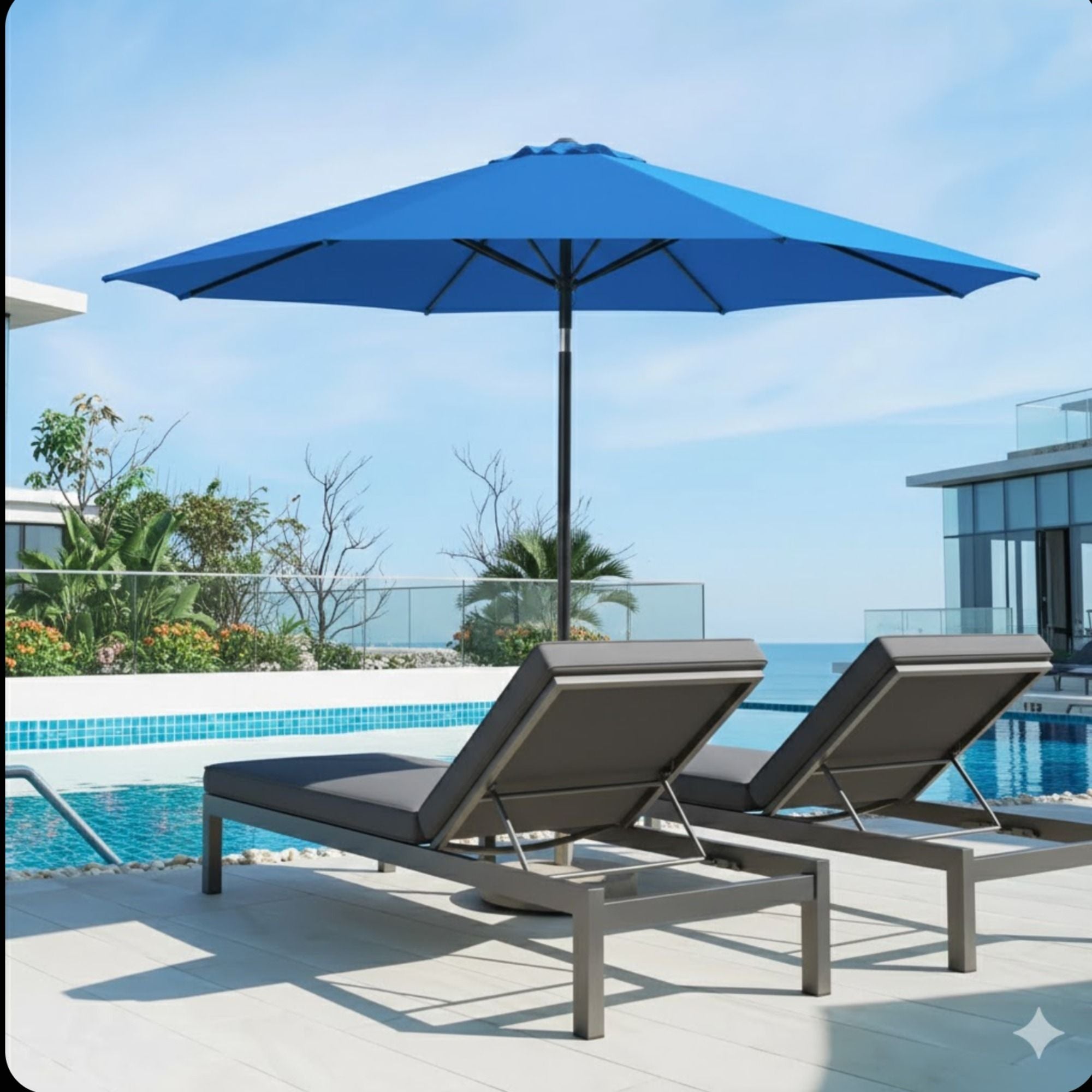 Solar LED Patio Umbrella With Crank Lift And Tilt, 8 Ribs, UV Resistant Canopy For Pool, Backyard & Patio (Without Base) - Blue