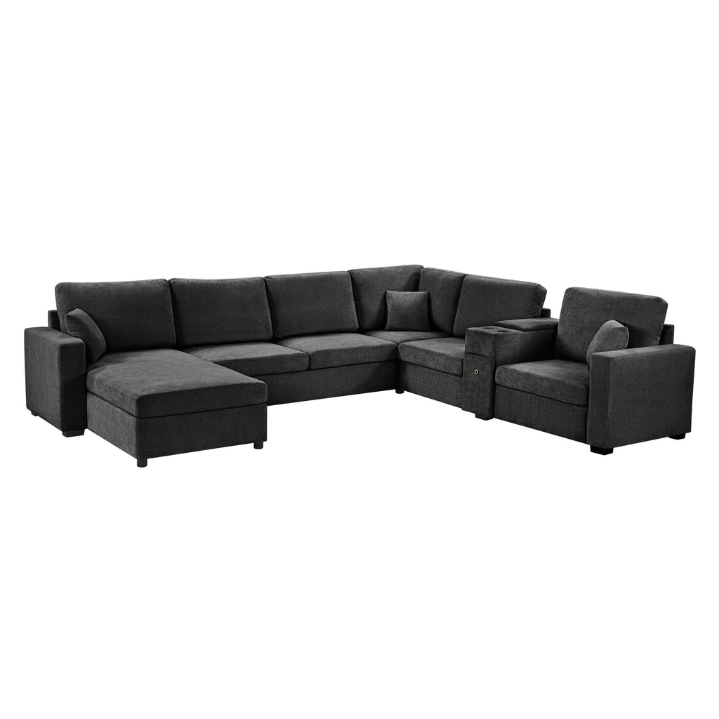 Modular 5 Seat U-Shape Sectional Sofa With Chaise Lounge, Built In Cup Holders And Storage Drawer