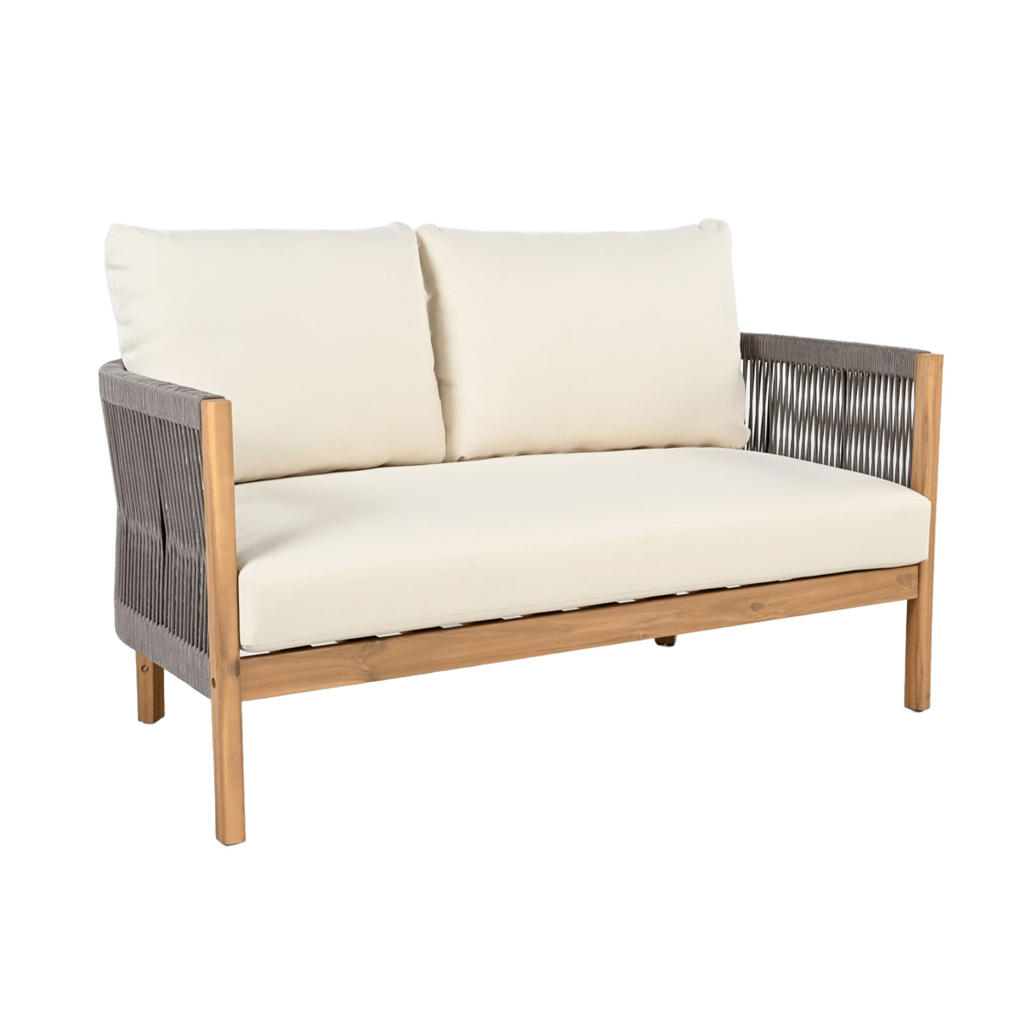 2 Pieces Outdoor Acacia Furniture Set, Woven Rope Outdoor Patio Loveseat, 2 Seat Deep Seating Group With Cushions And Coffee Table For Porch - Teak / Gray / Beige
