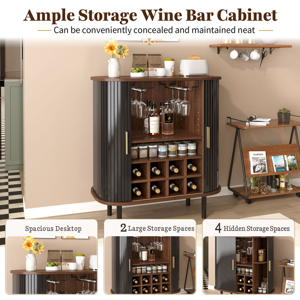 Fluted Wine Bar Cabinet With 8 Grid Wine Rack, 5 Level Adjustable Shelves, 2 Glass Holders