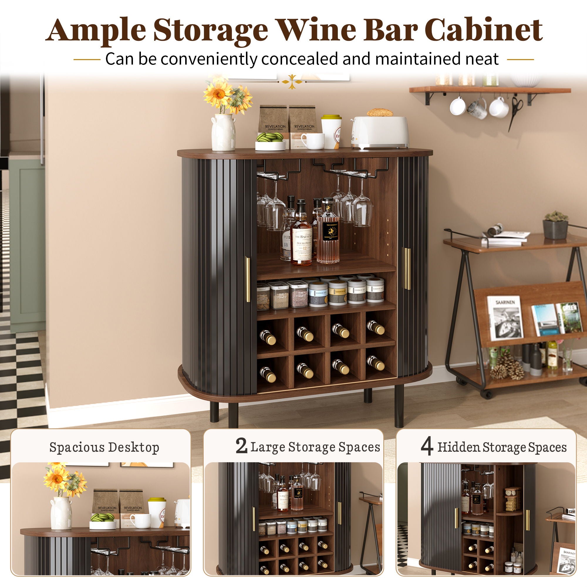 Fluted Wine Bar Cabinet With 8 Grid Wine Rack, 5 Level Adjustable Shelves, 2 Glass Holders