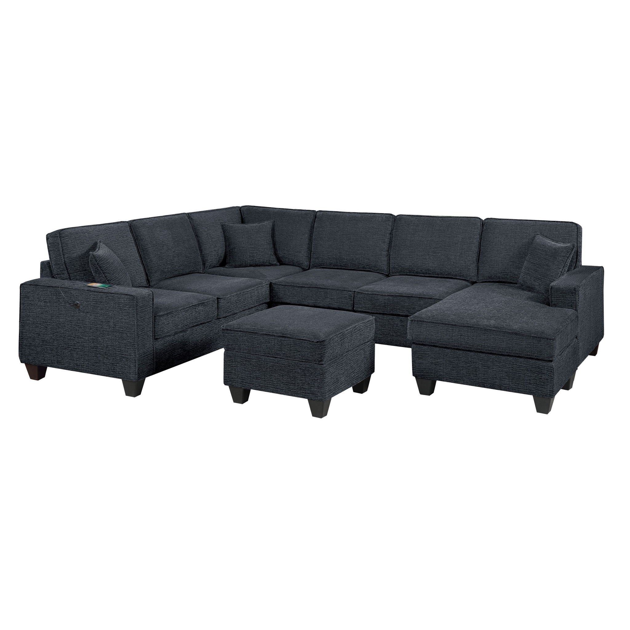 5 Piece Sectional Set With USB Port Left Arm Loveseat Chaise Right Arm Loveseat Corner Wedge Armless Chair Ottoman Upholstered - Black / Slate