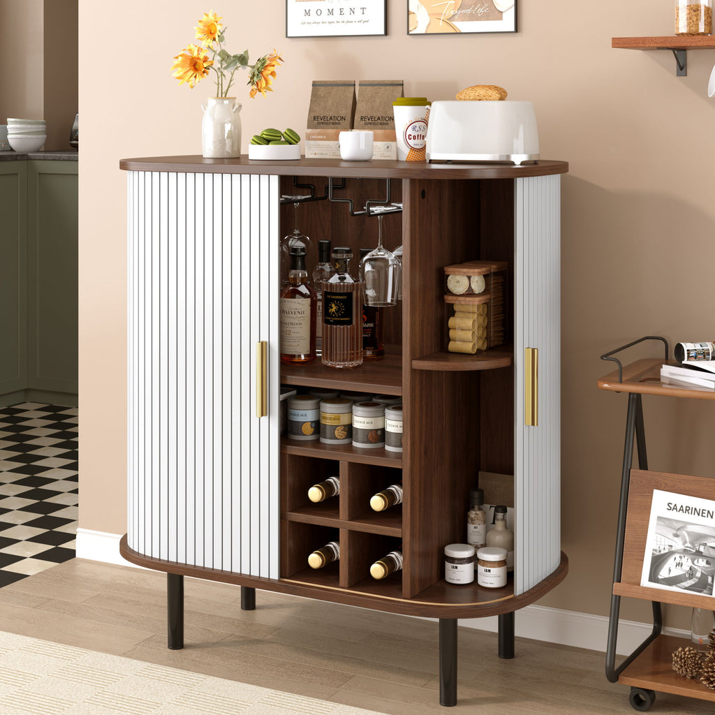 Fluted Wine Bar Cabinet With 8 Grid Wine Rack, 5 Level Adjustable Shelves, 2 Glass Holders