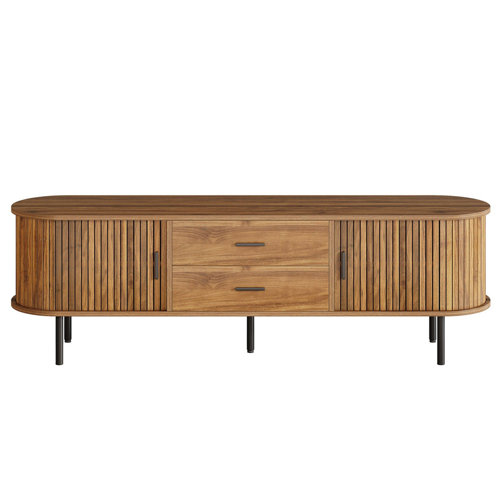 Fluted TV Stand With Tambour Sliding Doors - Walnut