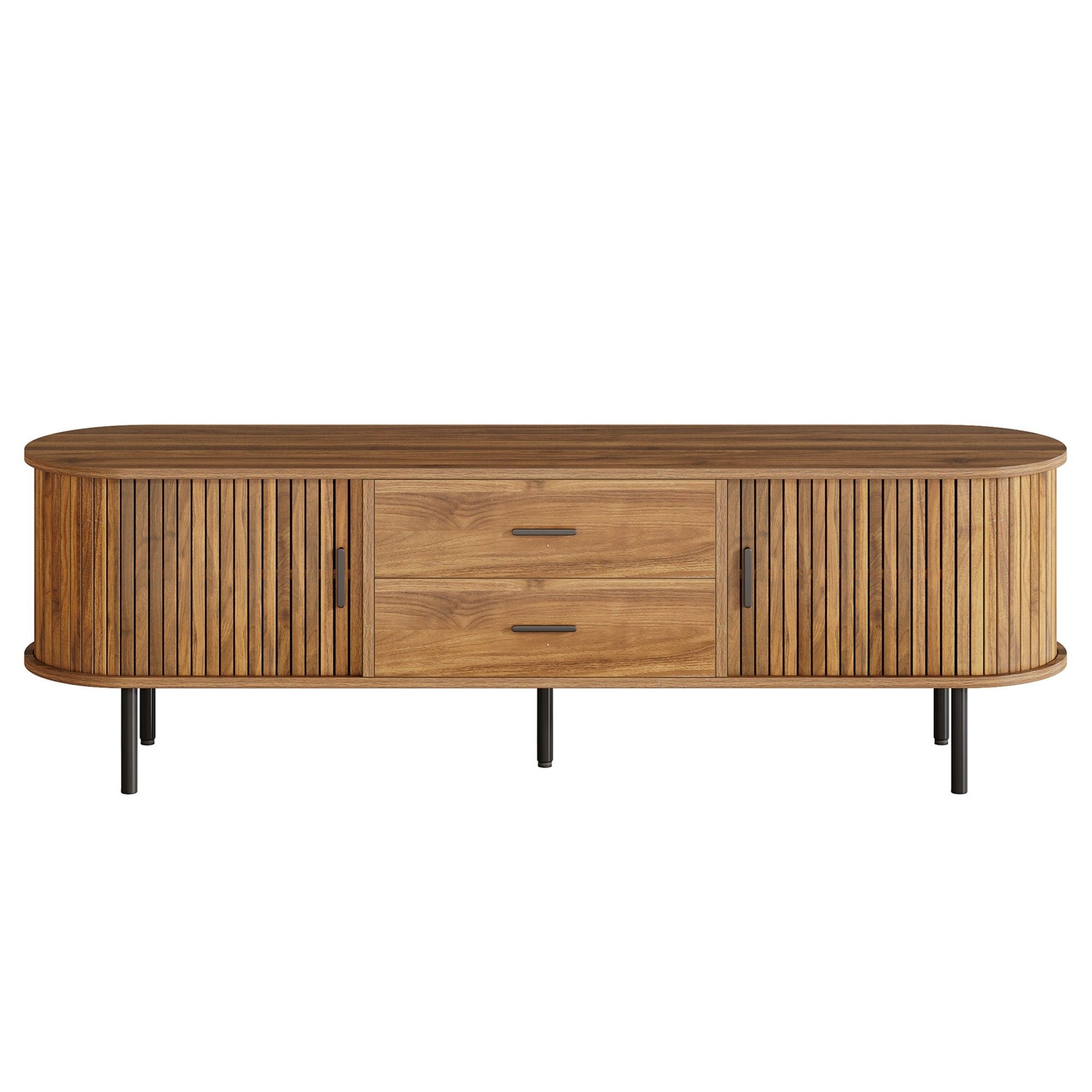 Fluted TV Stand With Tambour Sliding Doors - Walnut