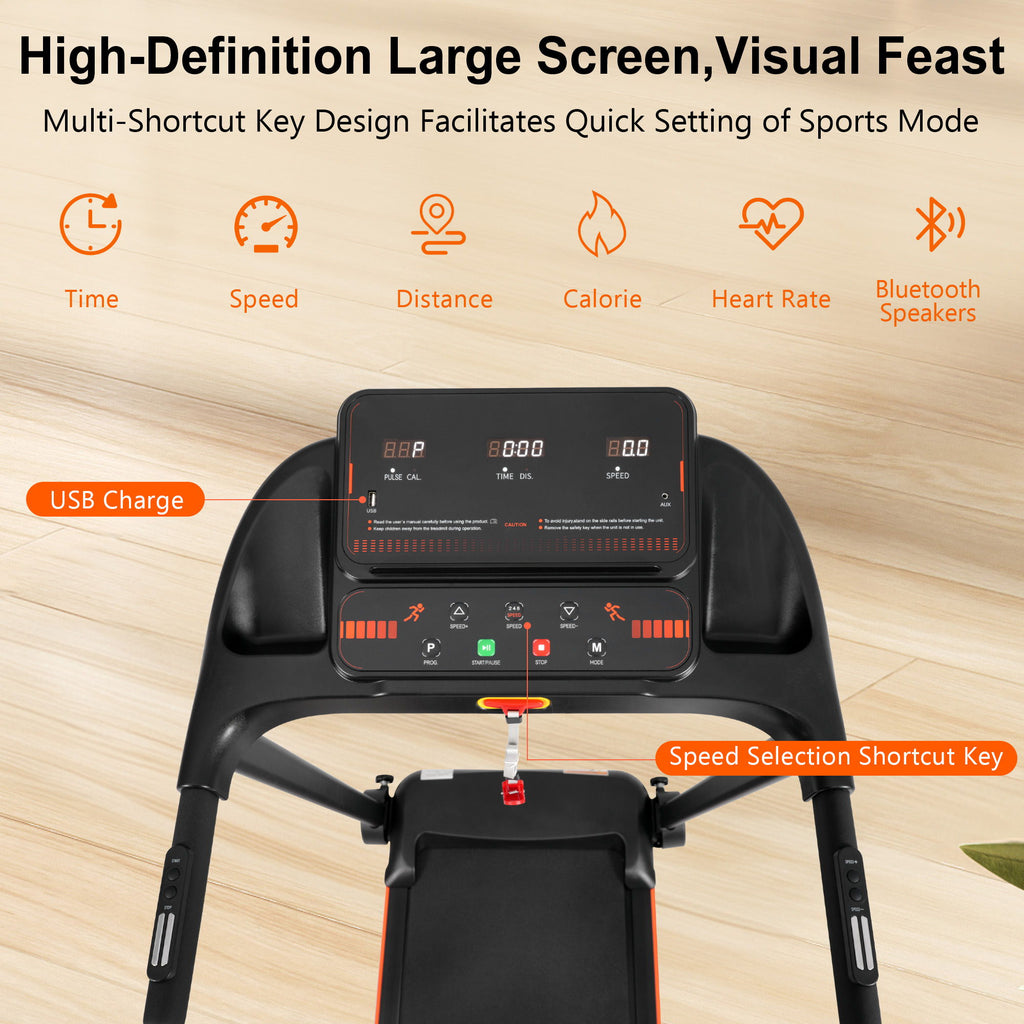 2.5Hp Quiet Folding Treadmill With Heart Rate Sensor, 300Lbs Weight Capacity, With USB Charge Station For Android & Bluetooth Speaker, 6 Shock Absorbing - Black