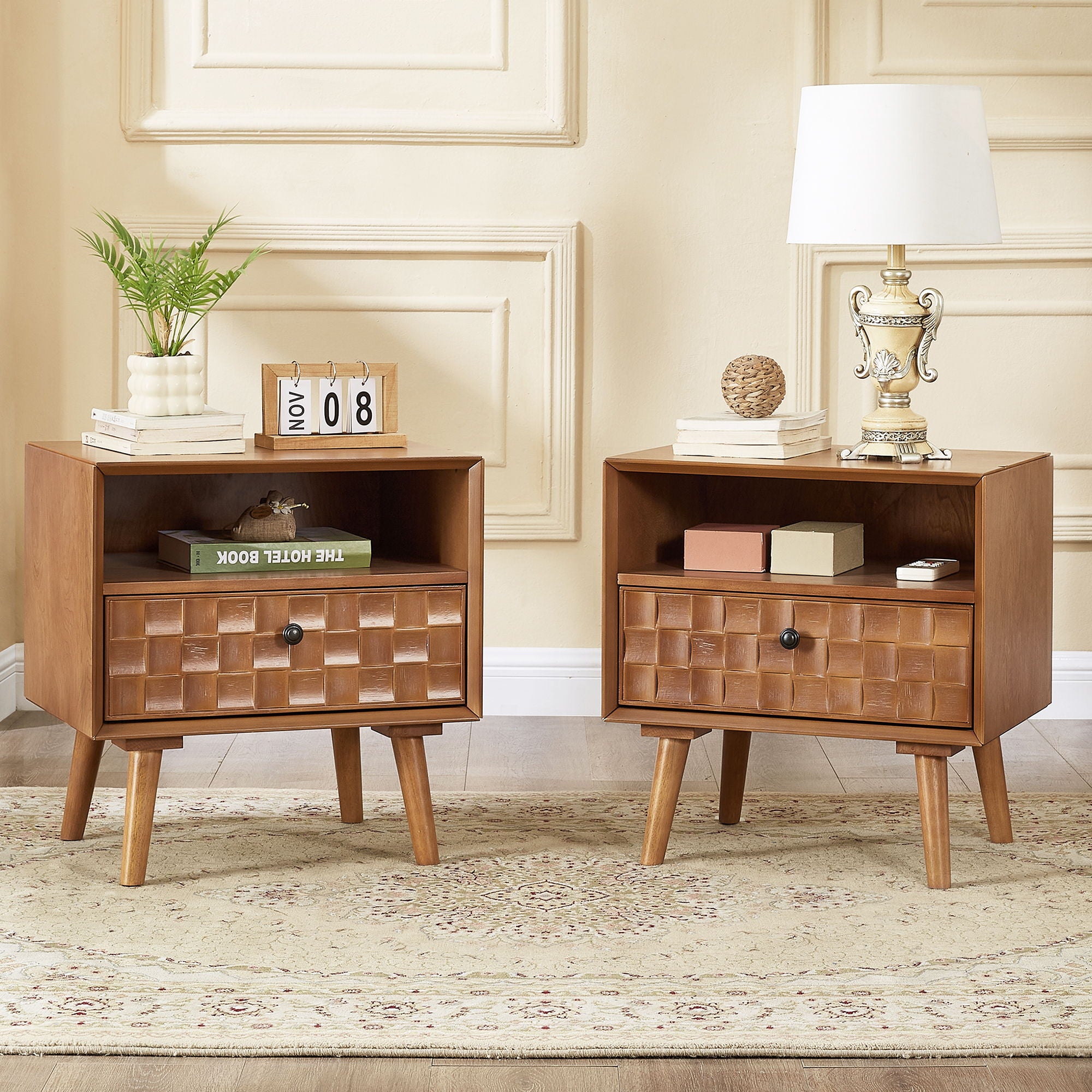 Nightstand With Carved Geometric Drawer Front, 1 Drawer And Open Shelf