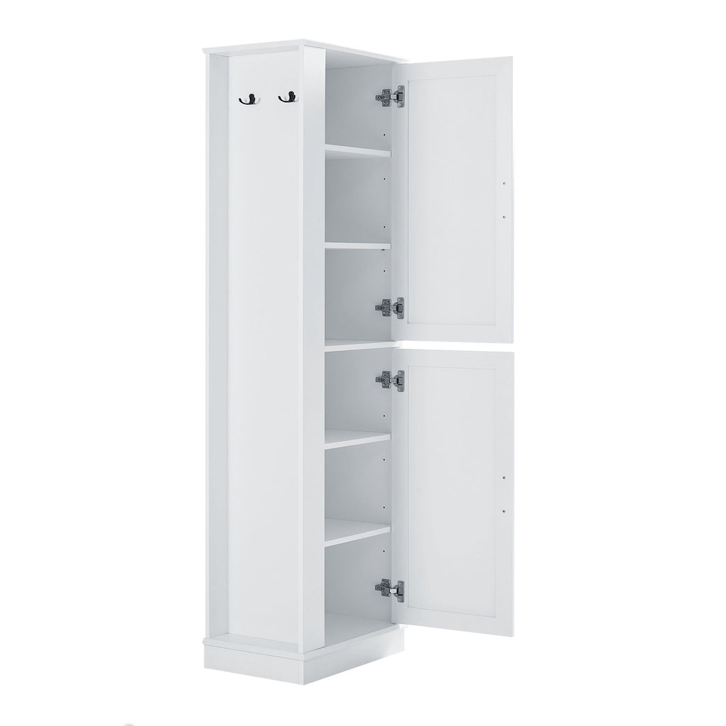 Tall Freestanding Bathroom Storage Cabinet With Adjustable Shelves And Side Hooks