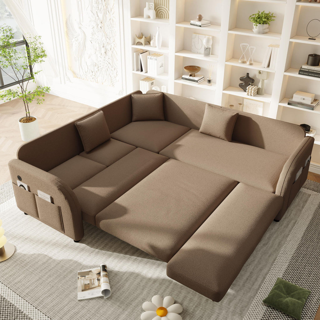 L-Shaped Couch With Pull-Out Bed, Oversize Convertible Sleeper Sofa With Side Pocket & USB Port