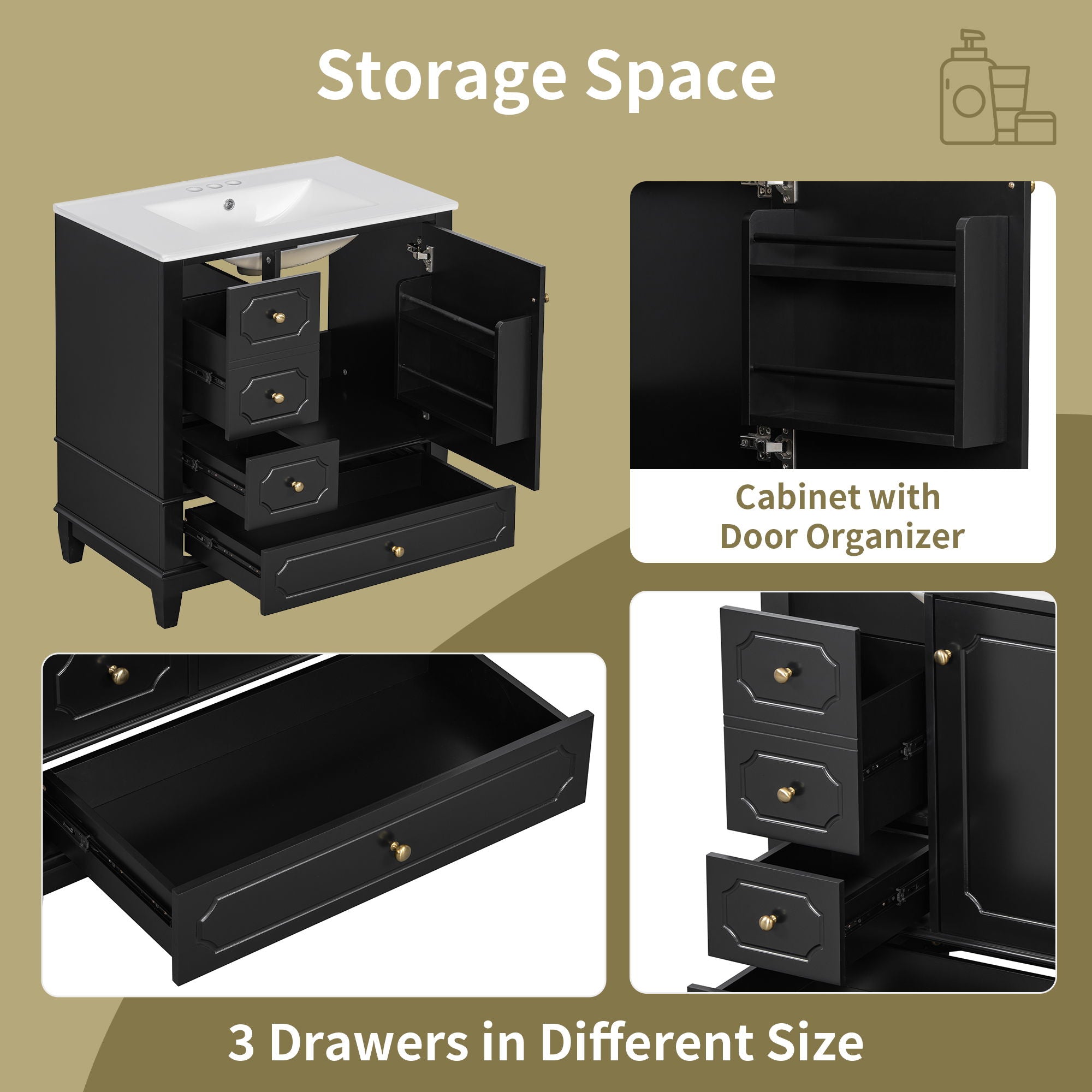 Bathroom Vanity With Sink, Freestanding Vanity Cabinet With Ceramic Basin, Soft Close Door, 3 Drawers
