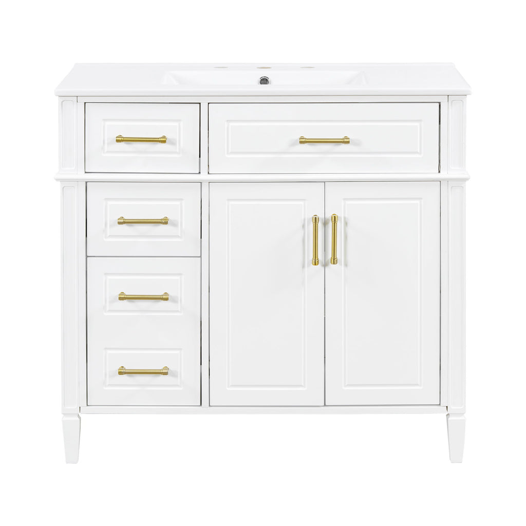 Bathroom Vanity With Sink, 4 Drawers (1 Flip Drawer), 2 Doors & Adjustable Shelf - White