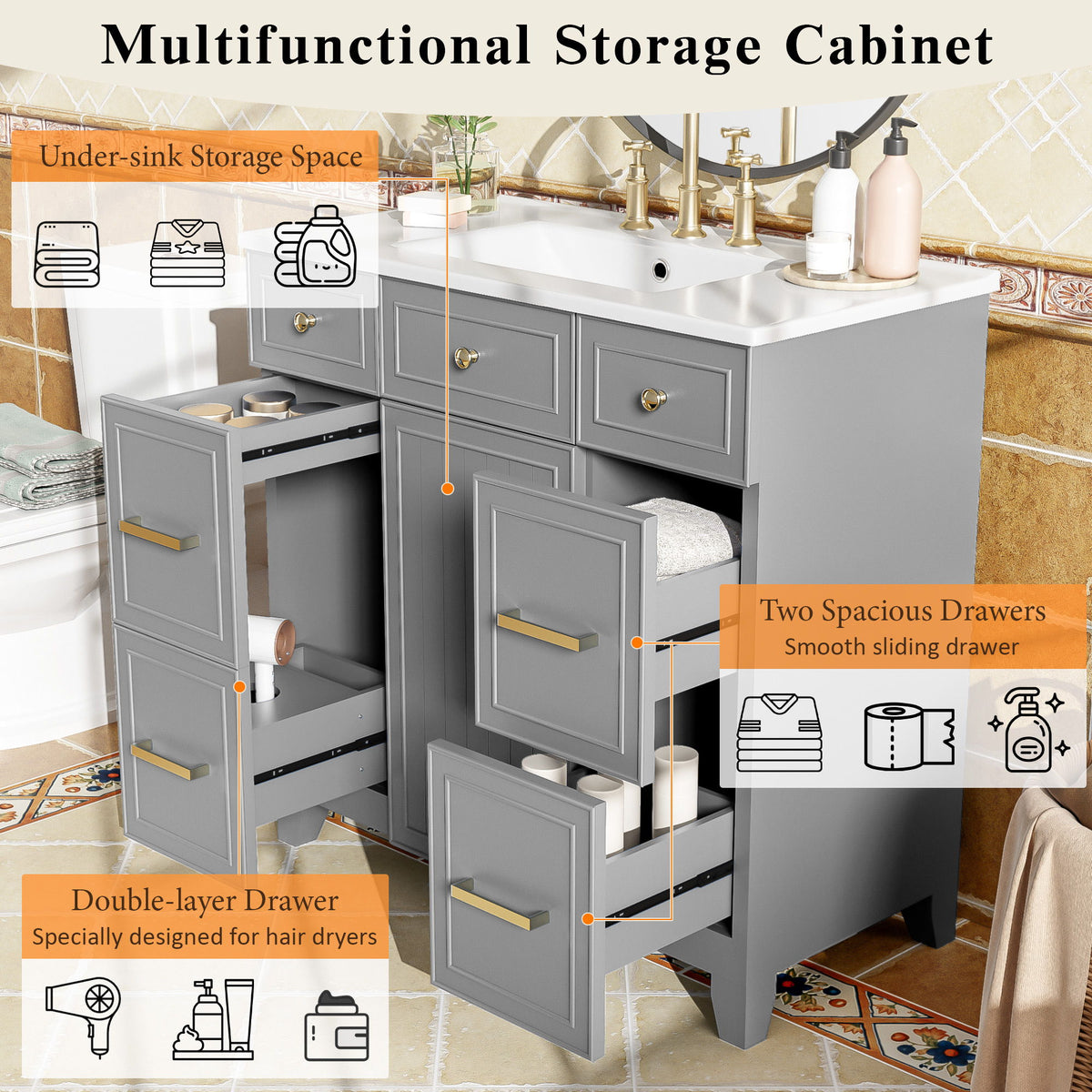 Bathroom Vanity With Ceramic Sink, Soft Close Doors, Adjustable Shelves