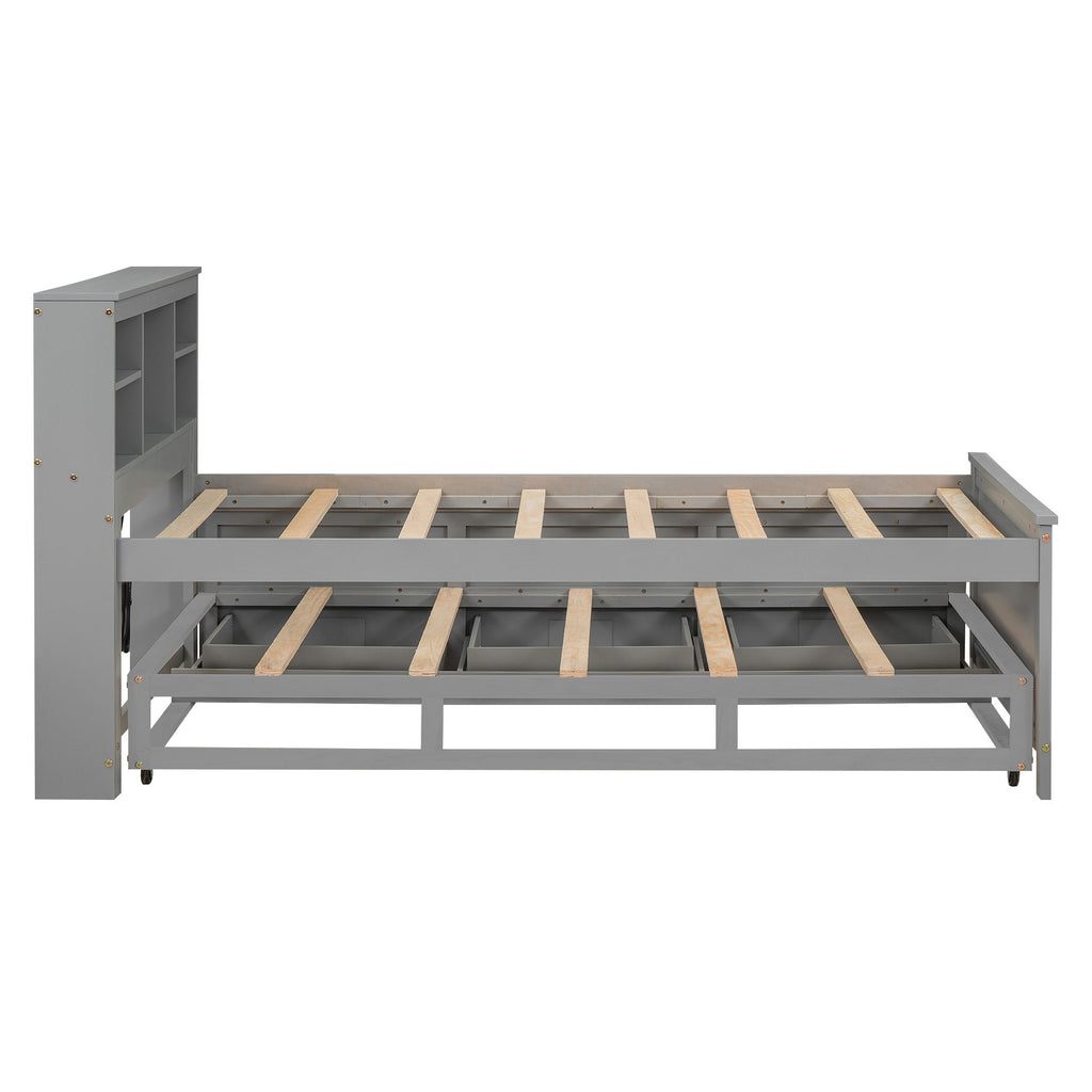 Platform Bed With Storage Headboard, USB, Trundle And 3 Drawers