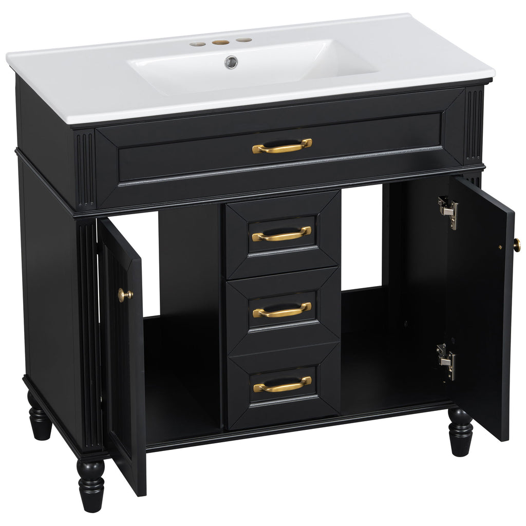 Bathroom Vanity With Sink, Flip-Out Top Drawer, Soft Close Doors, 2 Storage Drawers