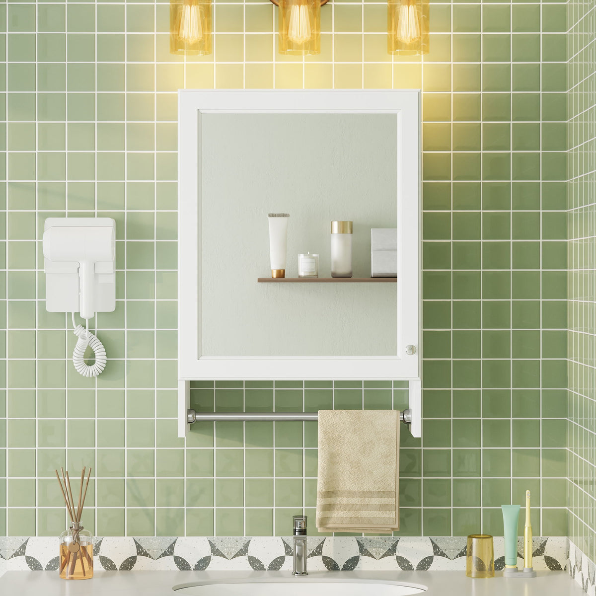 3 In 1 Wall Mounted Bathroom Mirror Cabinet With Adjustable Shelf, Soft Close Door, Mirror & Towel Bar - White