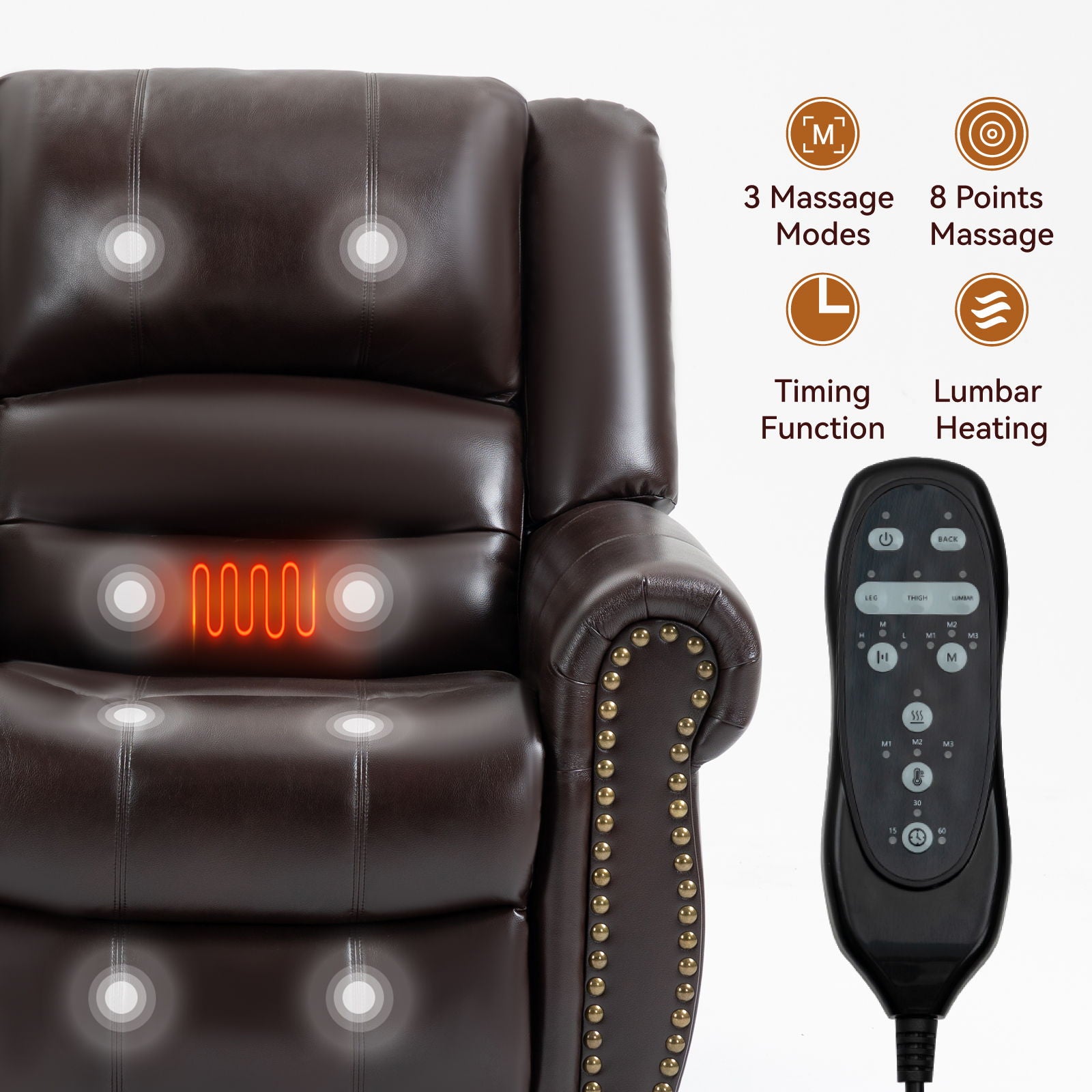 Power Lift Recliner Chair Heat Massage Dual Motor Infinite Position With USB Ports - Antique Brown