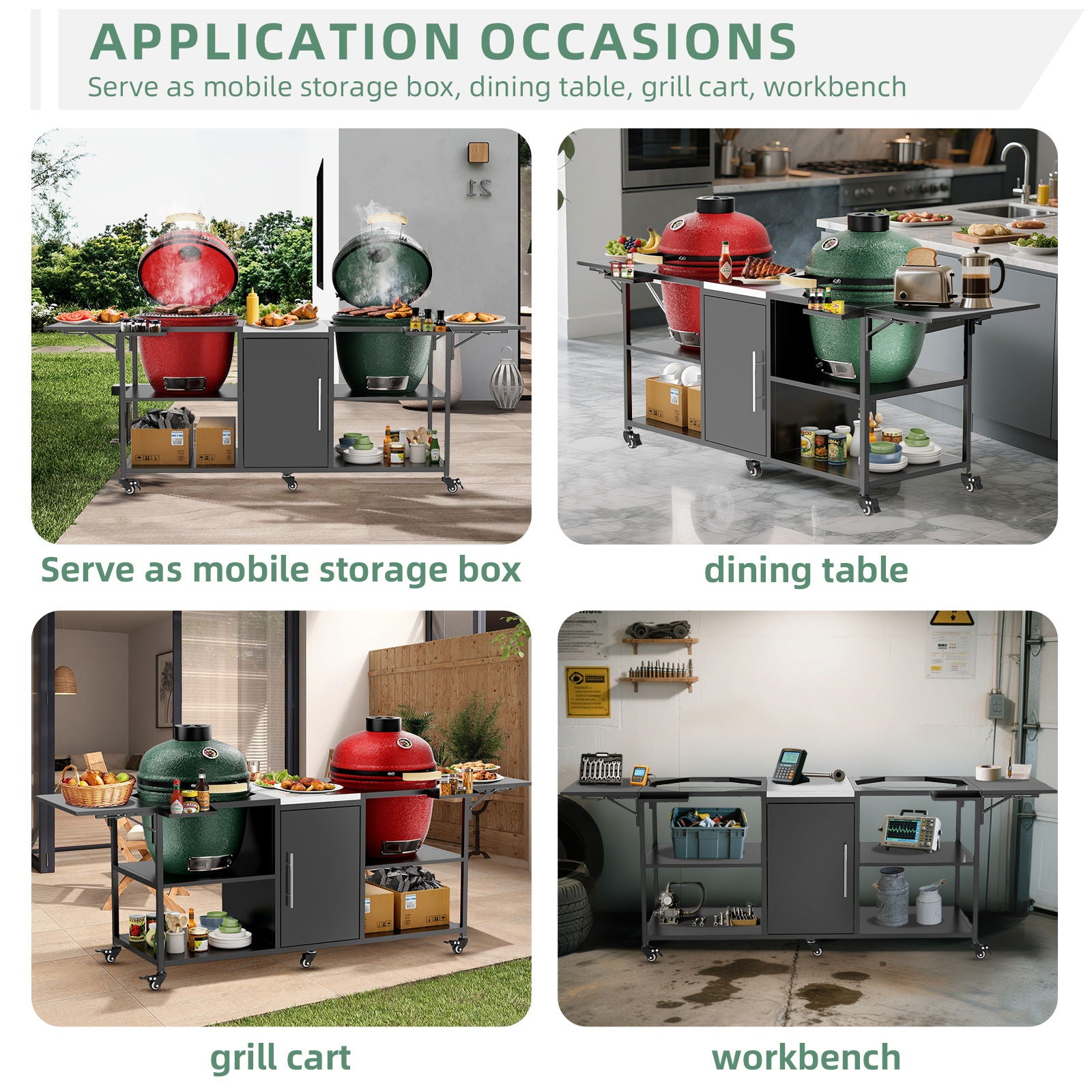 Outdoor Grill Cart For 2 Big Egg - Black / Silver