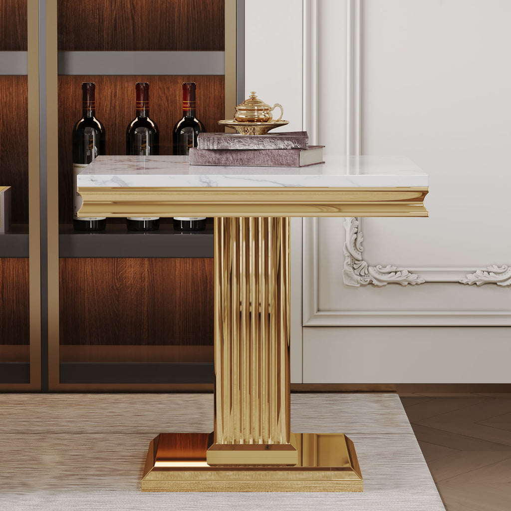 Marble Printed Top Rectangular End Table, Base With Mirrored Finish