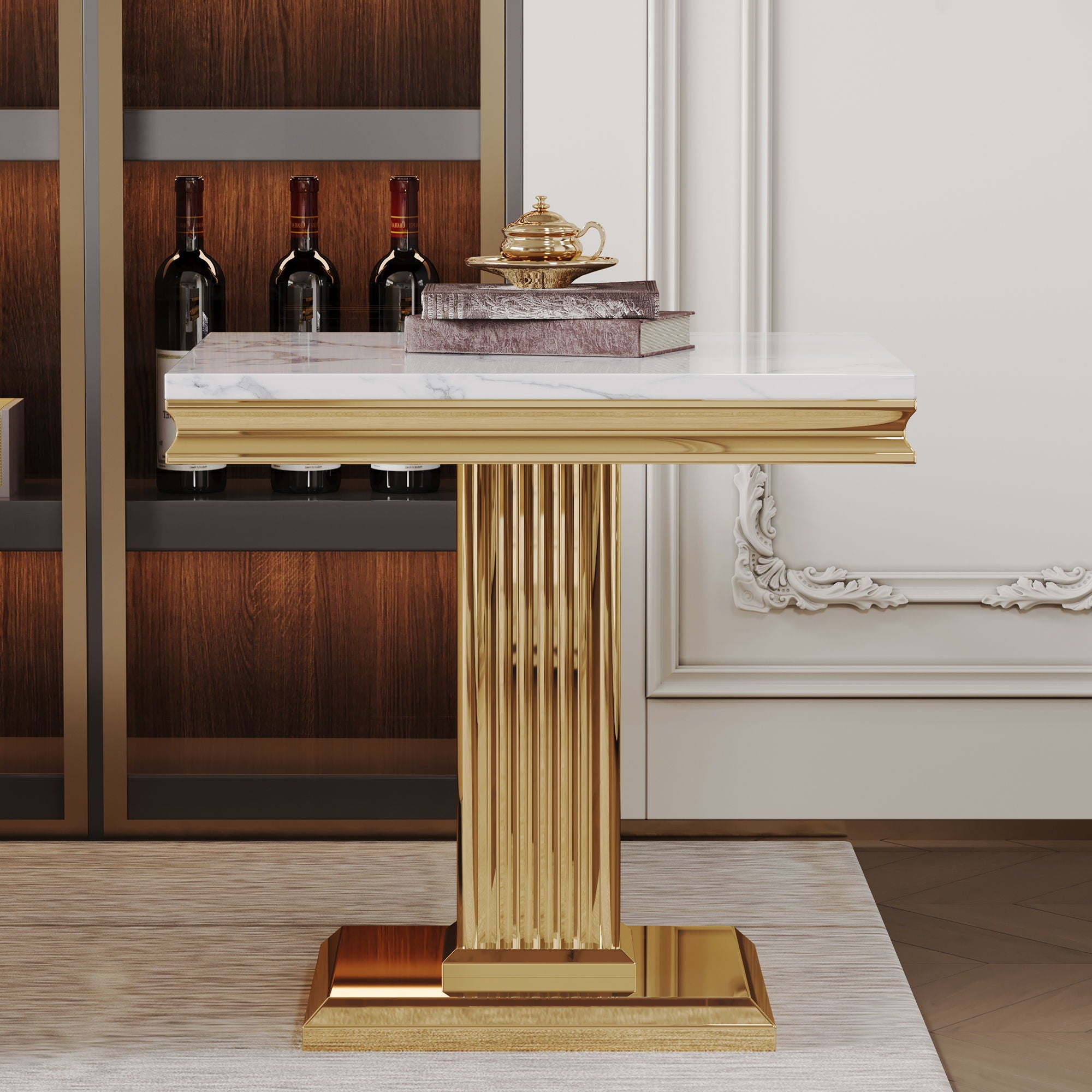 Marble Printed Top Rectangular End Table, Base With Mirrored Finish