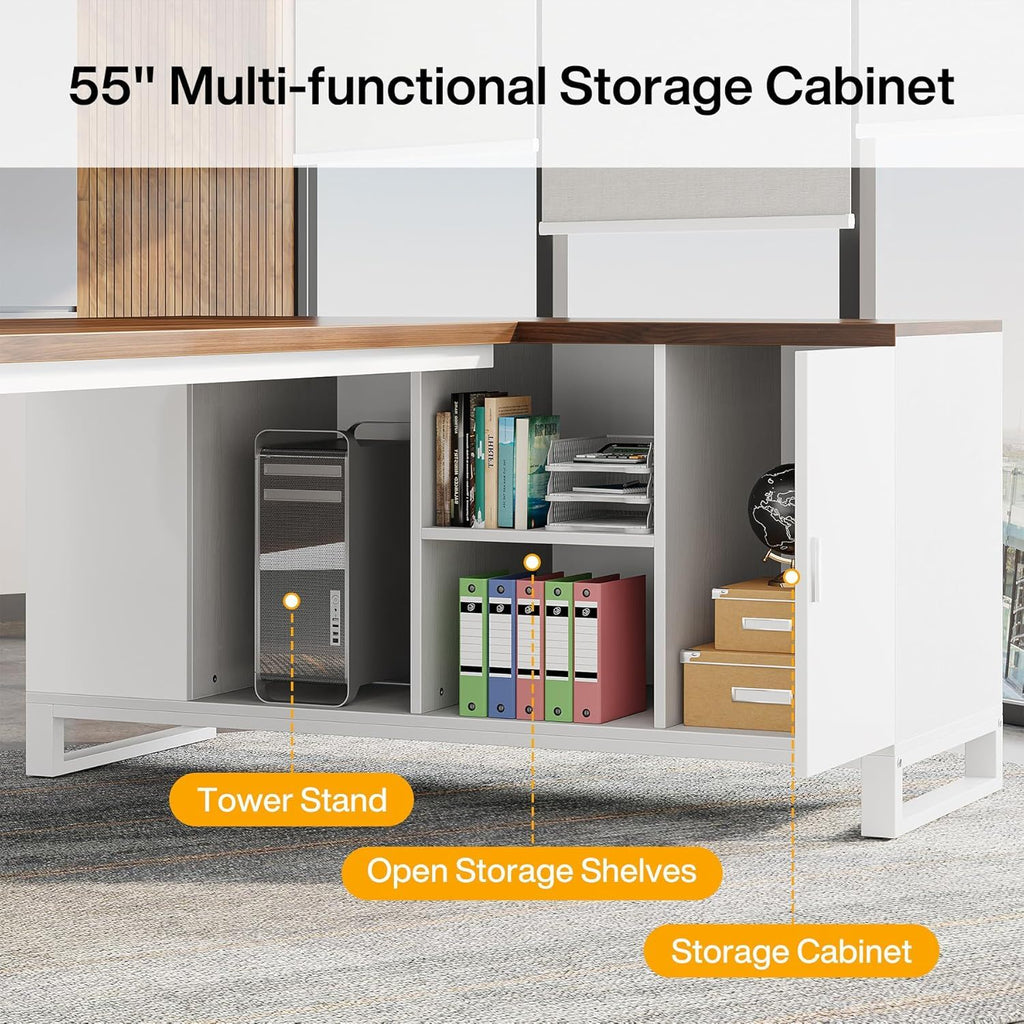 L-Shaped Executive Desk With File Cabinet, Large Workspace For Home Office - White / Walnut