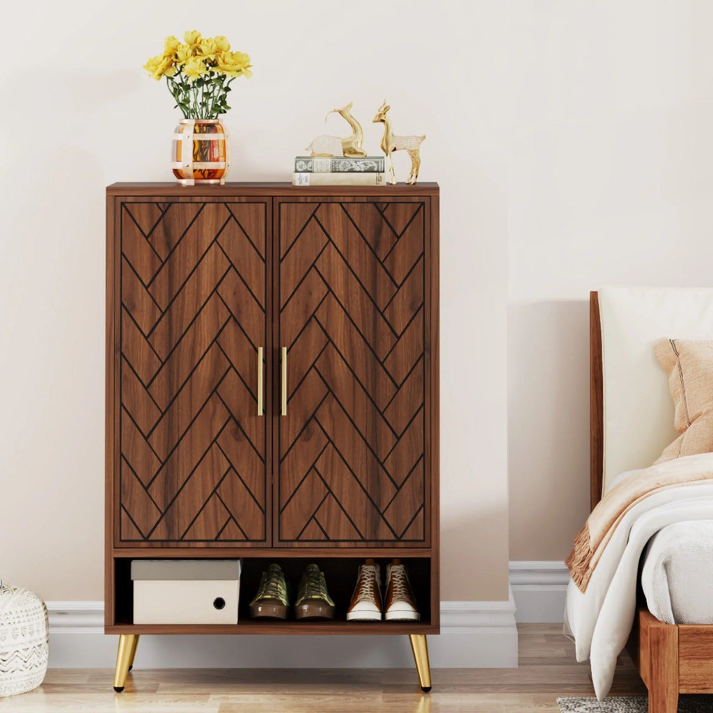 6 Tier Wooden Entryway Shoe Cabinet, Wide Storage Unit For 24 Pairs Of Shoes - Walnut