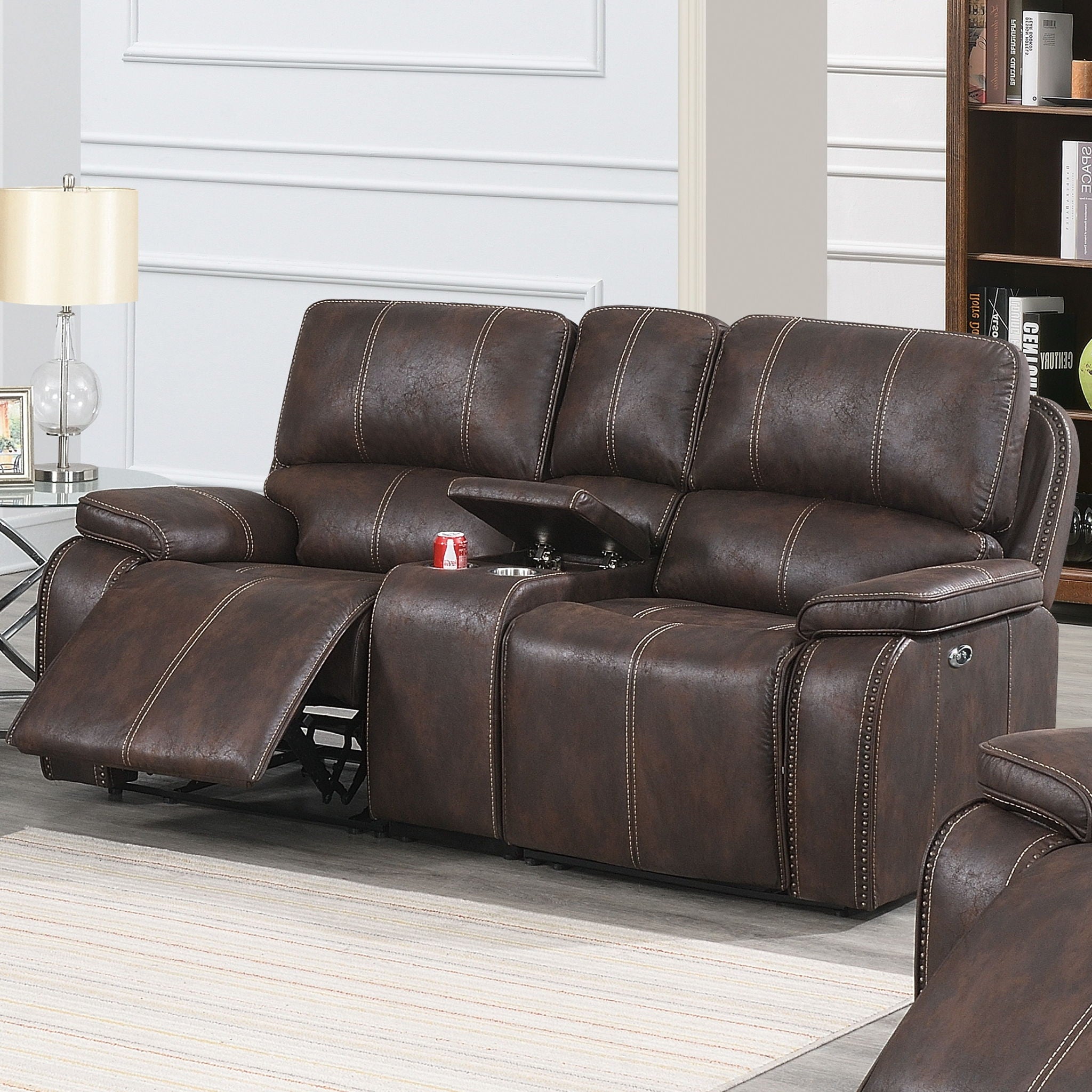 Power Reclining Loveseat With USB Port Leather Upholstered, Built In Cup Holder - Chocolate