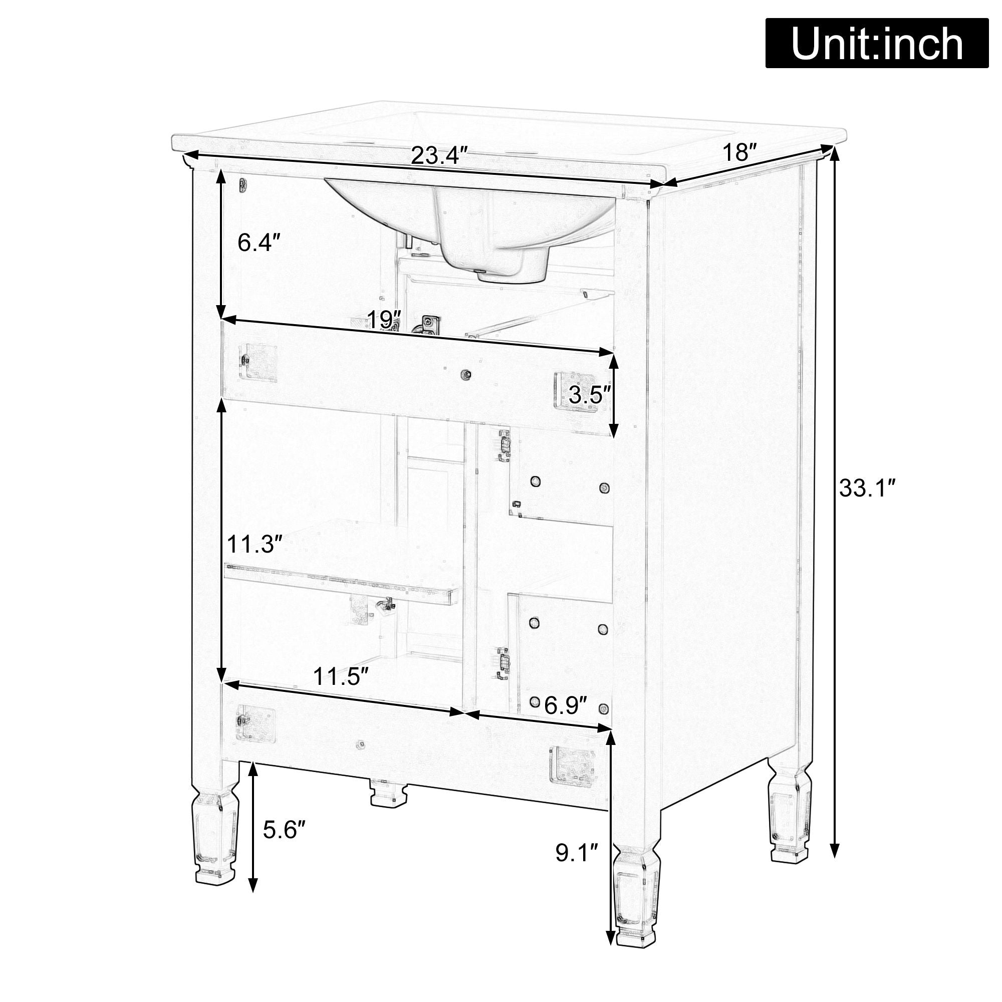 Modern Bathroom Vanity With Sink, Flip Drawer, 2 Drawers, Adjustable Shelf