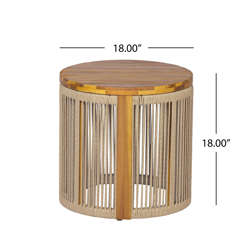 Round Side Table With Rope Detail For Patio - Brown / Teak