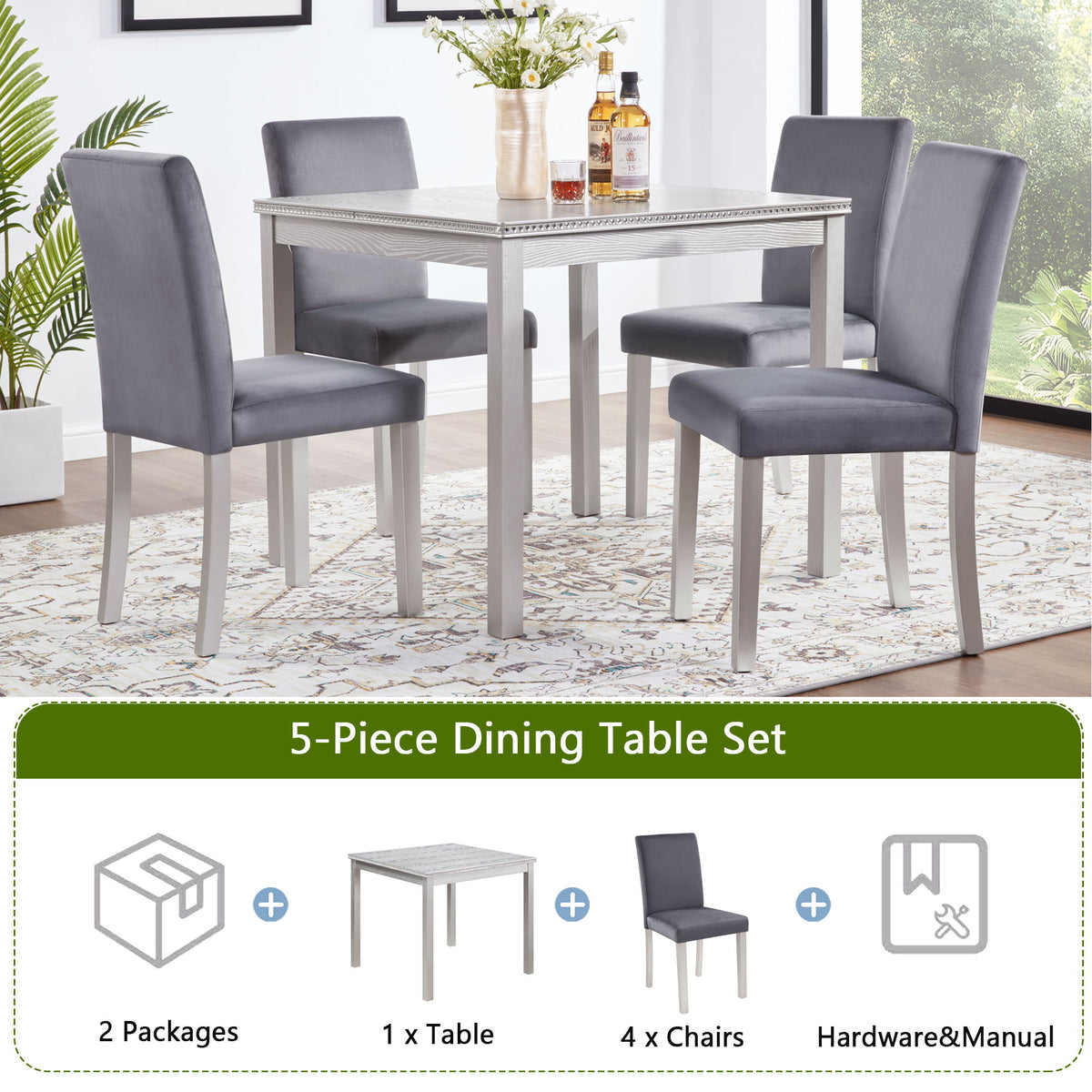 5 Pieces Wooden Dining Table Set, Square Table And 4 Upholstered Chairs
