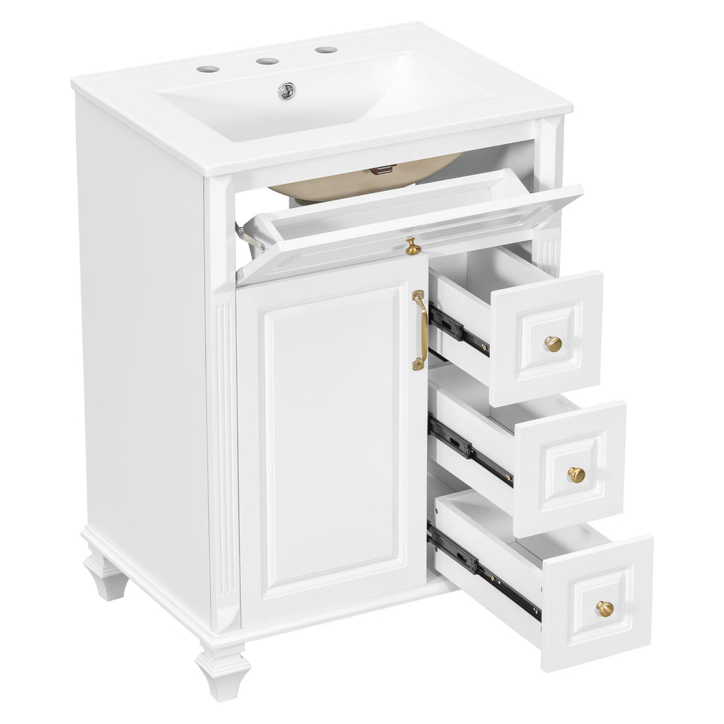 Freestanding Bathroom Vanity With Sink, 3 Drawers & Flip-Out Drawer
