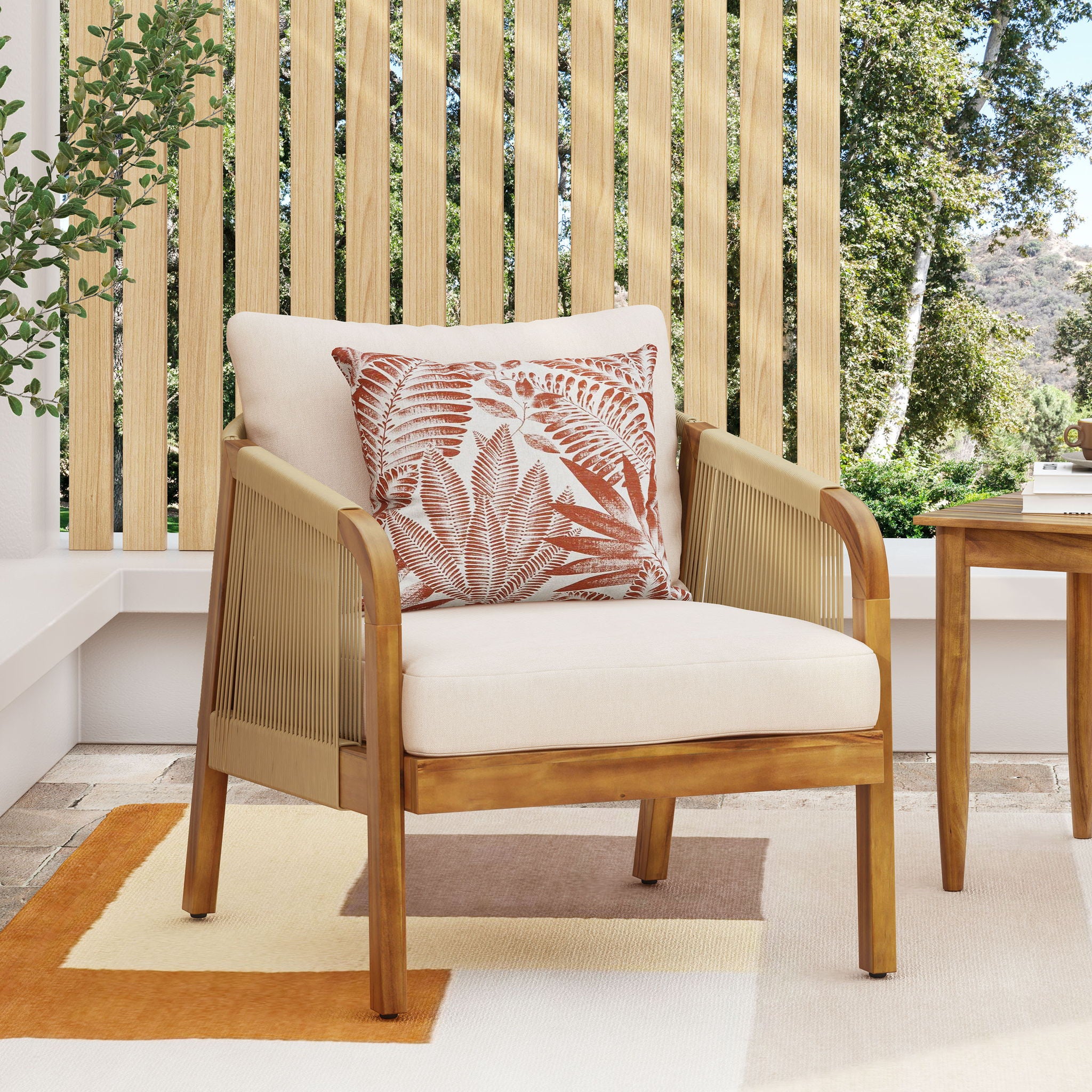 Acacia Wood And Wicker Outdoor Club Chair, Deep Seating With Soft Cushion, Porch Chairs For Garden, Backyard Porch Balcony - Brown / Beige
