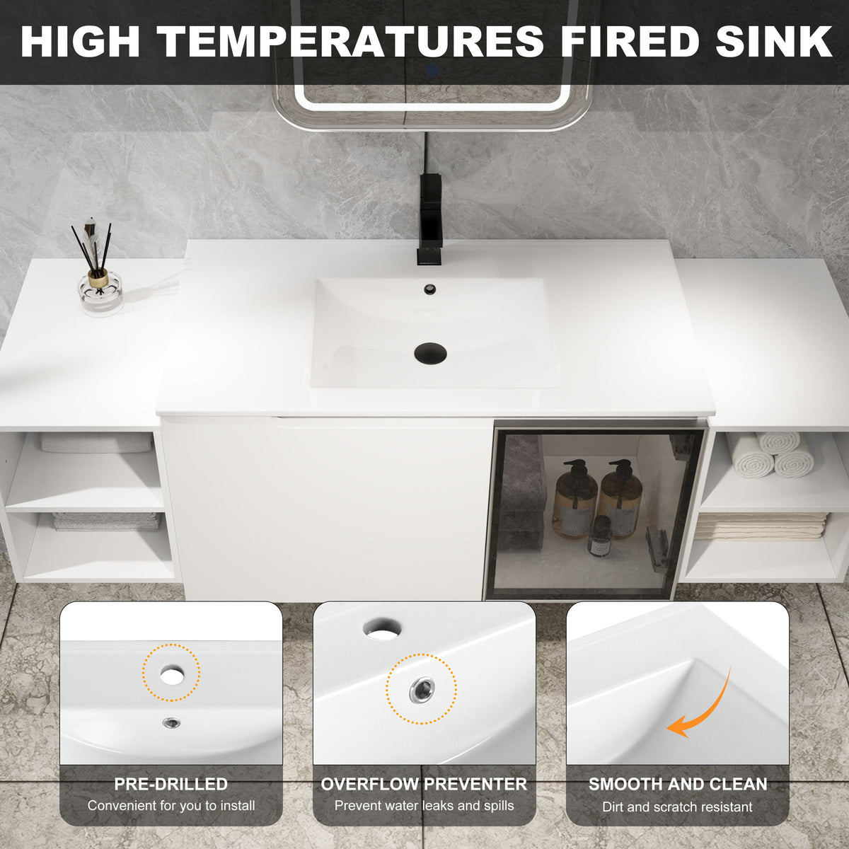 Wall Mounted Bathroom Vanity With Sink, Cabinet & Half Door