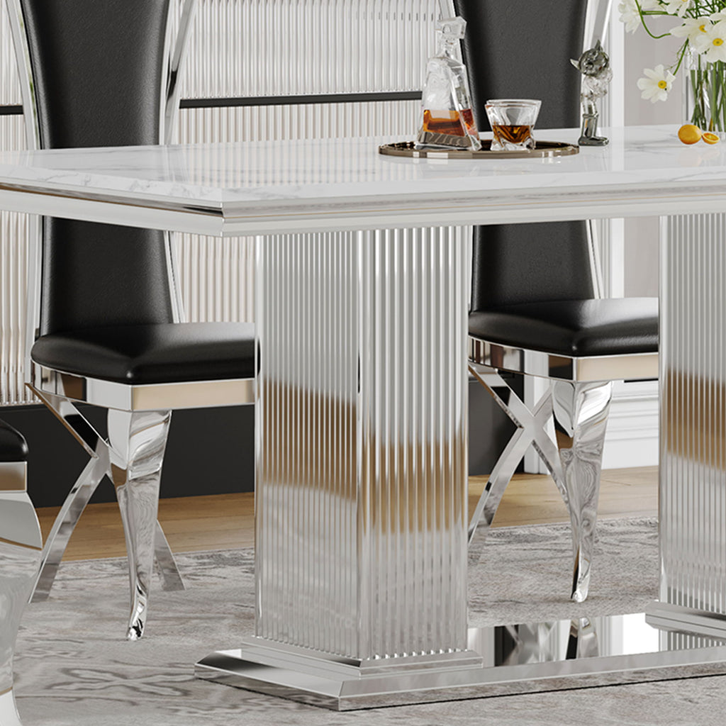 Marble Printed Top Rectangular Dining Table, Stainless Steel Base With Mirrored Finish