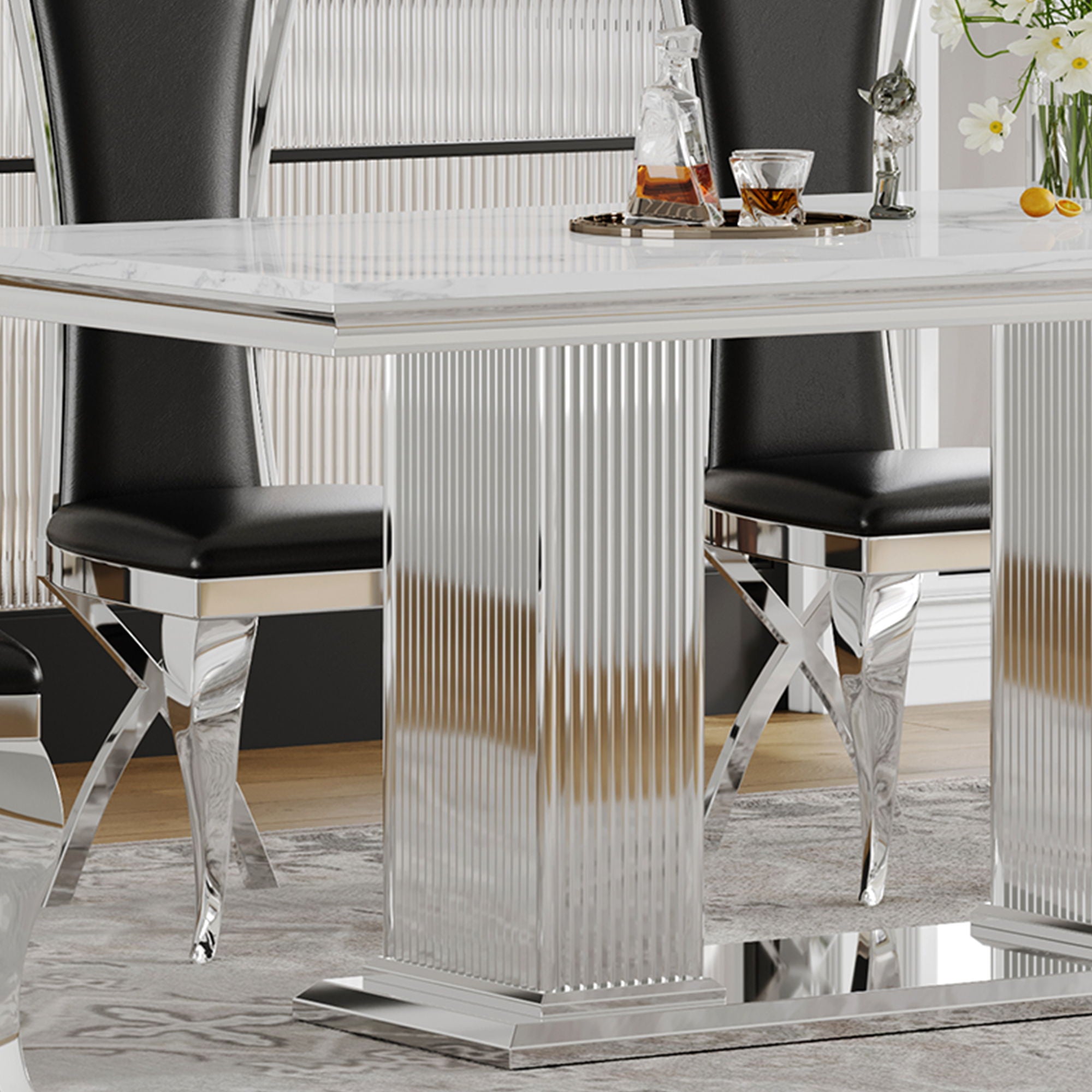 Marble Printed Top Rectangular Dining Table, Stainless Steel Base With Mirrored Finish