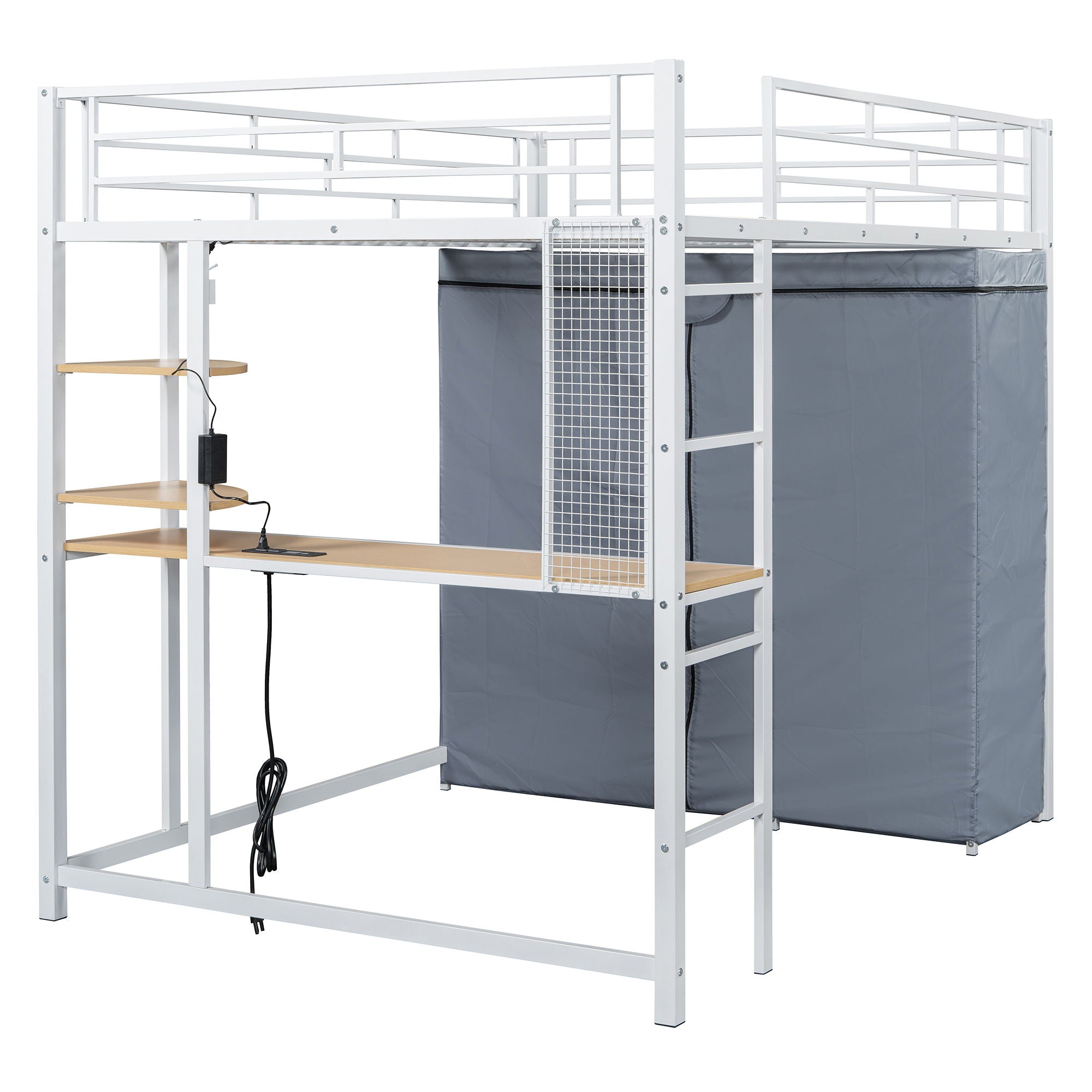 Loft Bed With Desk, Shelves, Power Outlet, LED Light And Wardrobe