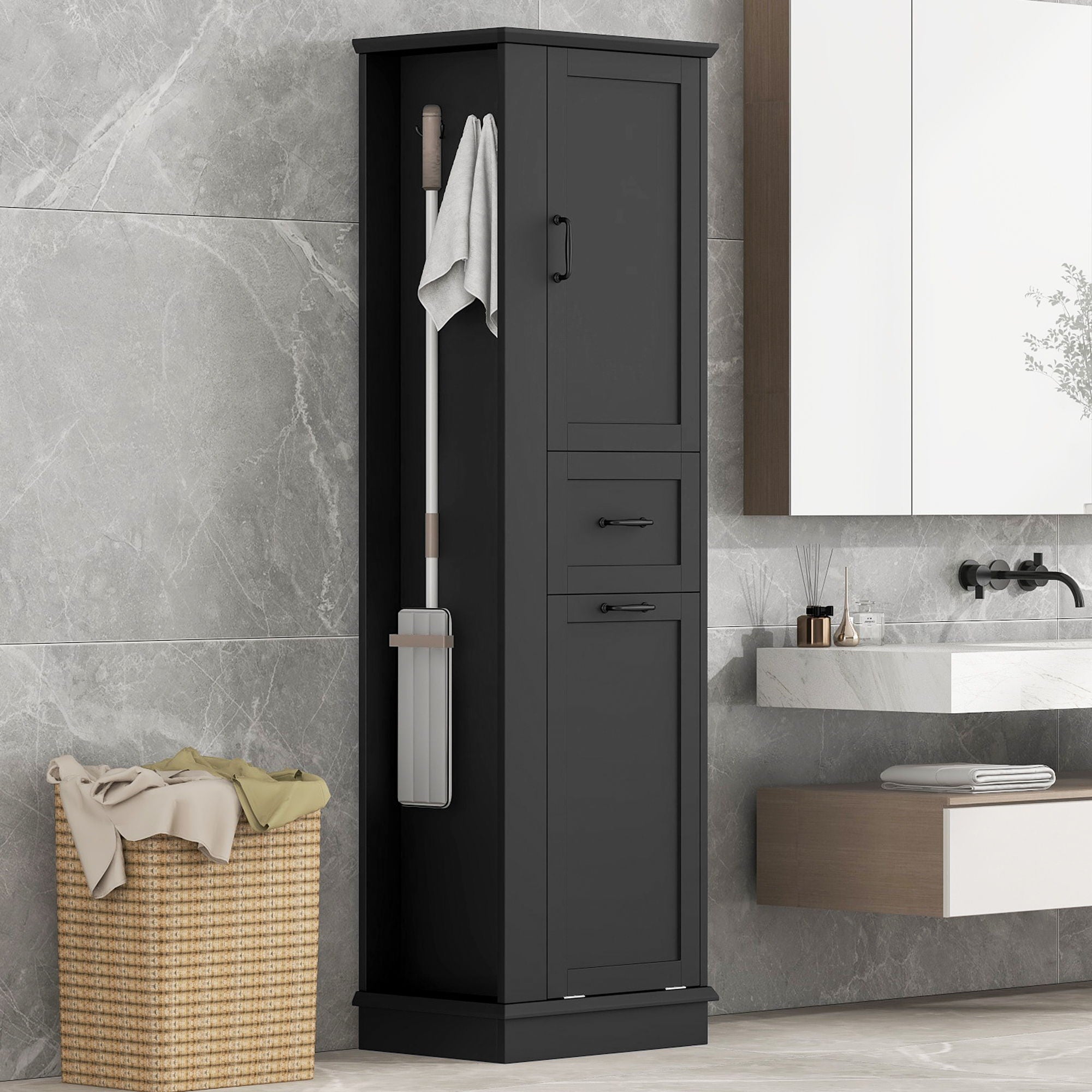 Modern Tall Storage Cabinet With Tilt-Out Compartment, Adjustable Shelves