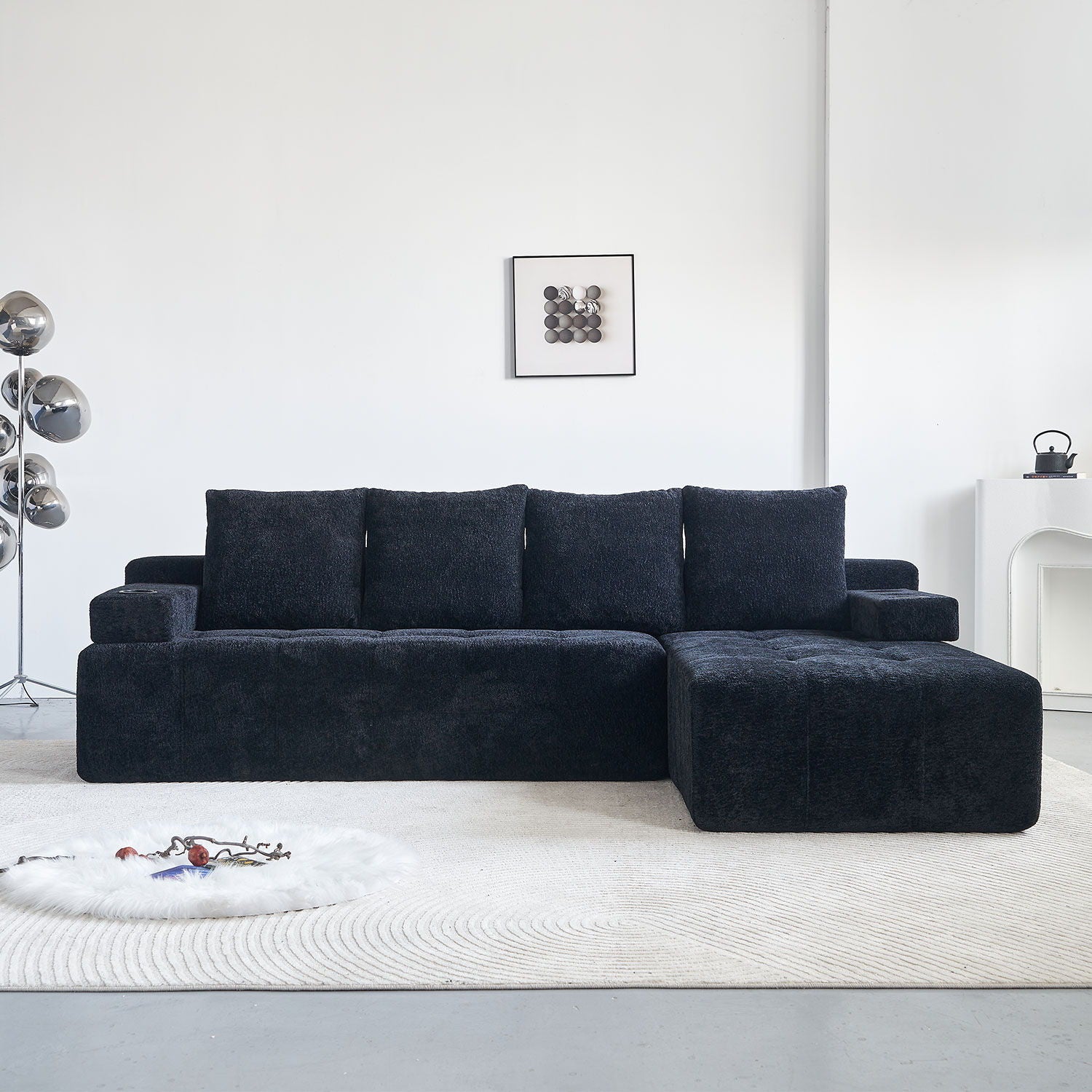 L - Shaped Sectional Sofa With Side Pockets, Wireless Charging, USB Ports, Cup Holder, Bluetooth Speaker, Reversible Lounge Chaise - Black