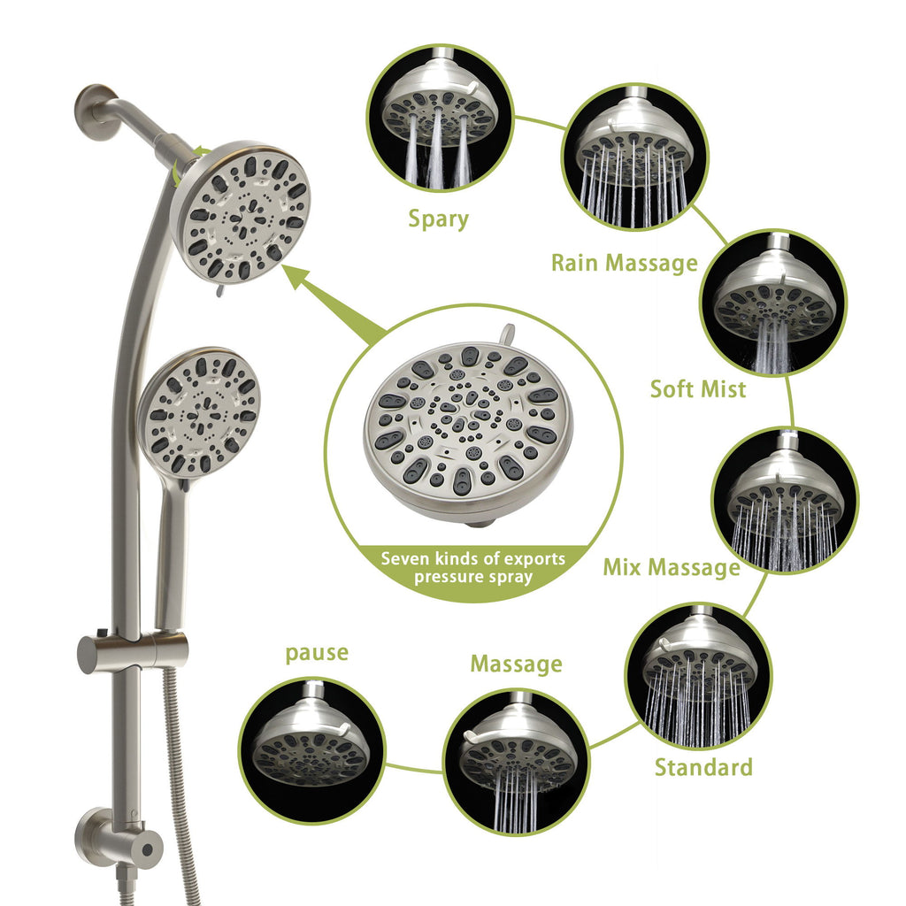 Multi Function Dual Shower Head Shower System With 4.7" Rain Showerhead, 7 Function Hand Shower, Adjustable Slide Bar - Brushed Nickel